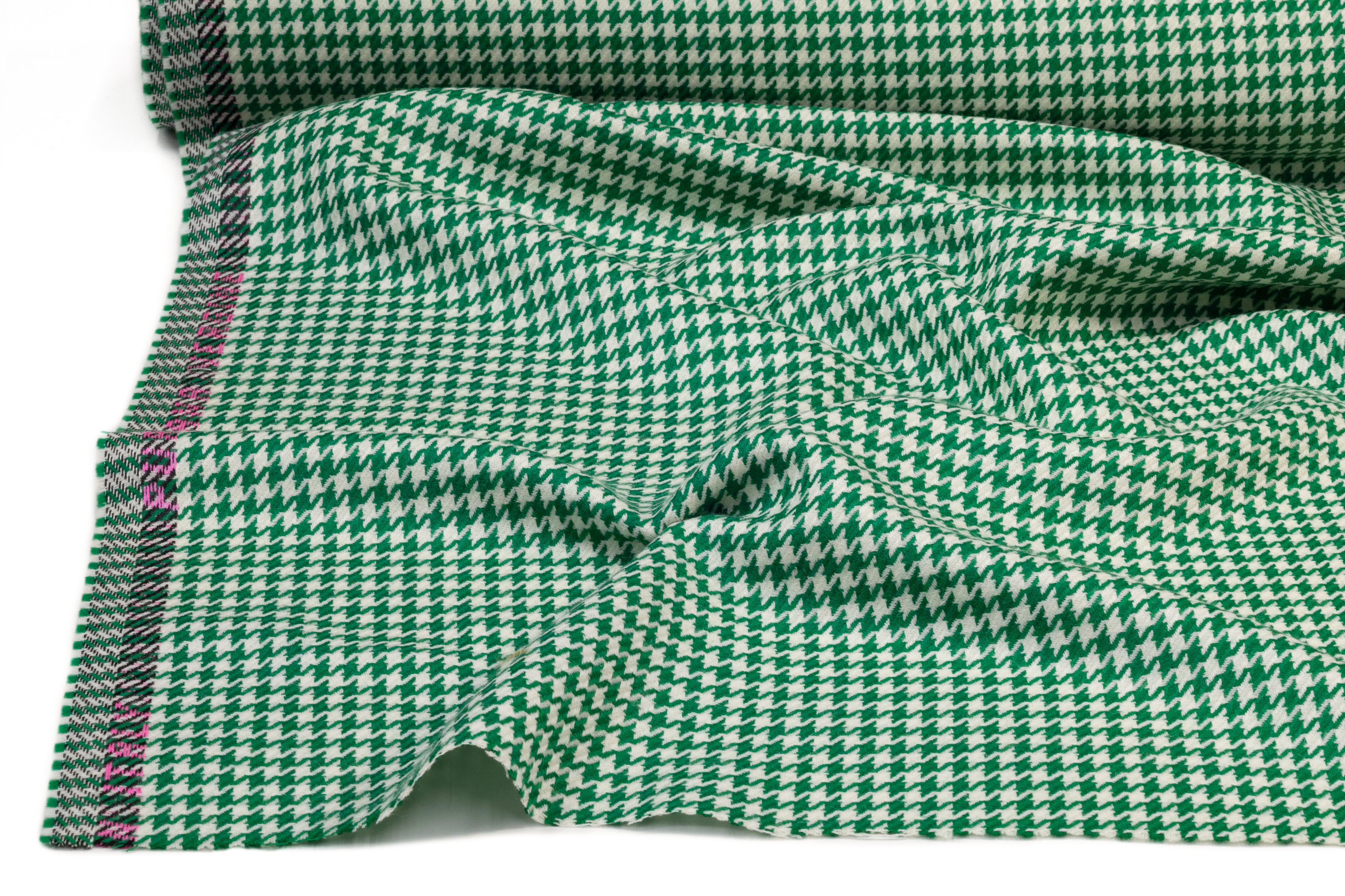 Houndstooth Italian Wool Suiting - Green / Off White