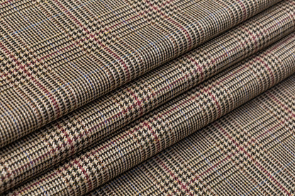 Glen Check Italian Silk Suiting - Tan / Burgundy / Blue