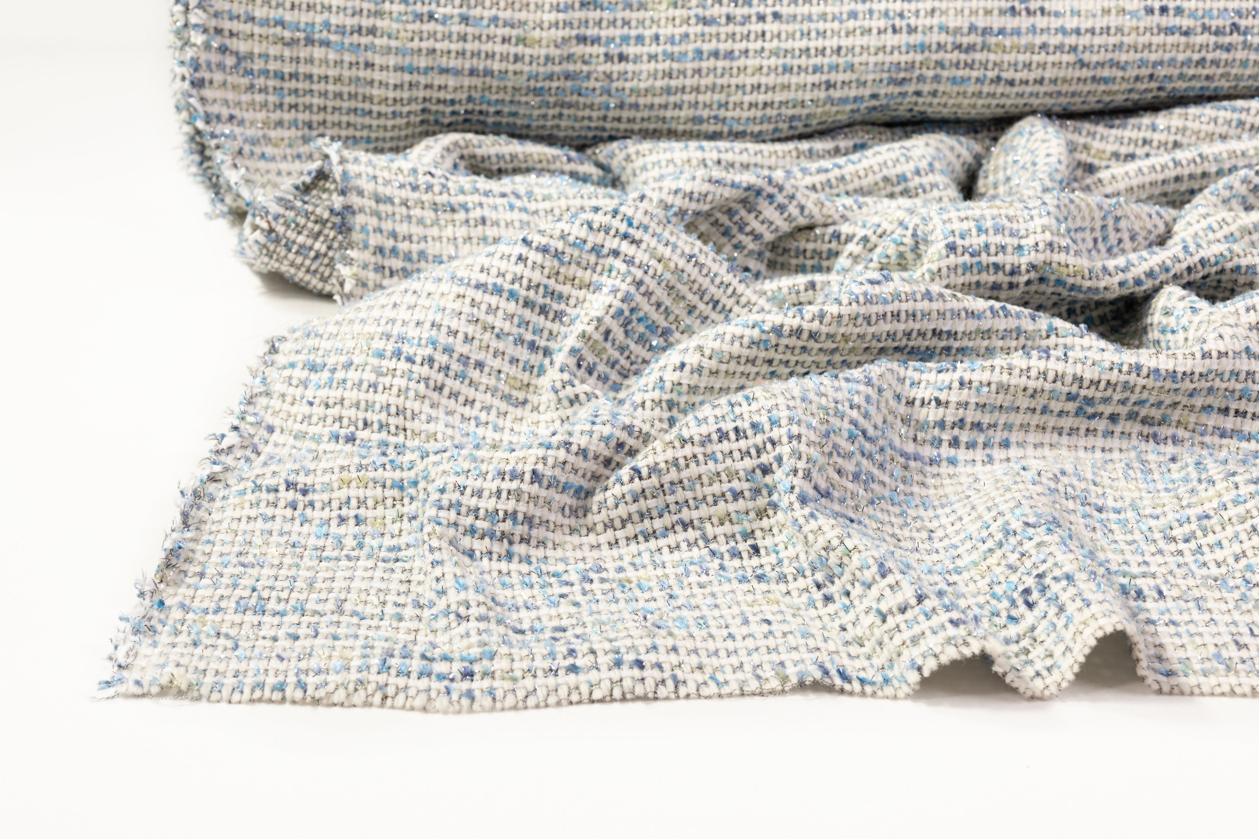 Metallic Italian Wool Blend Tweed - Blue / Off White / Sage