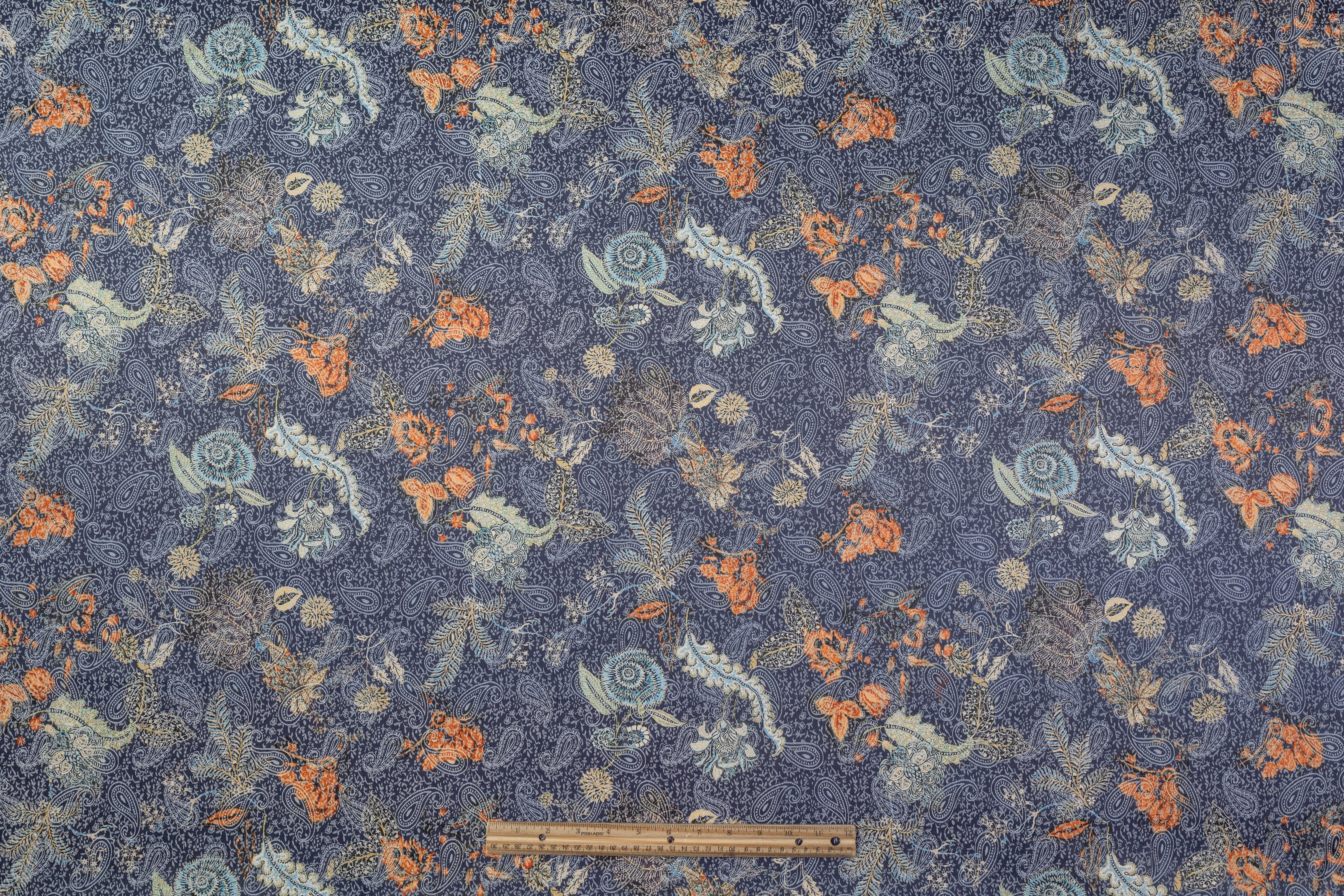 Paisley Printed Italian Stretch Brocade - Orange / Blue