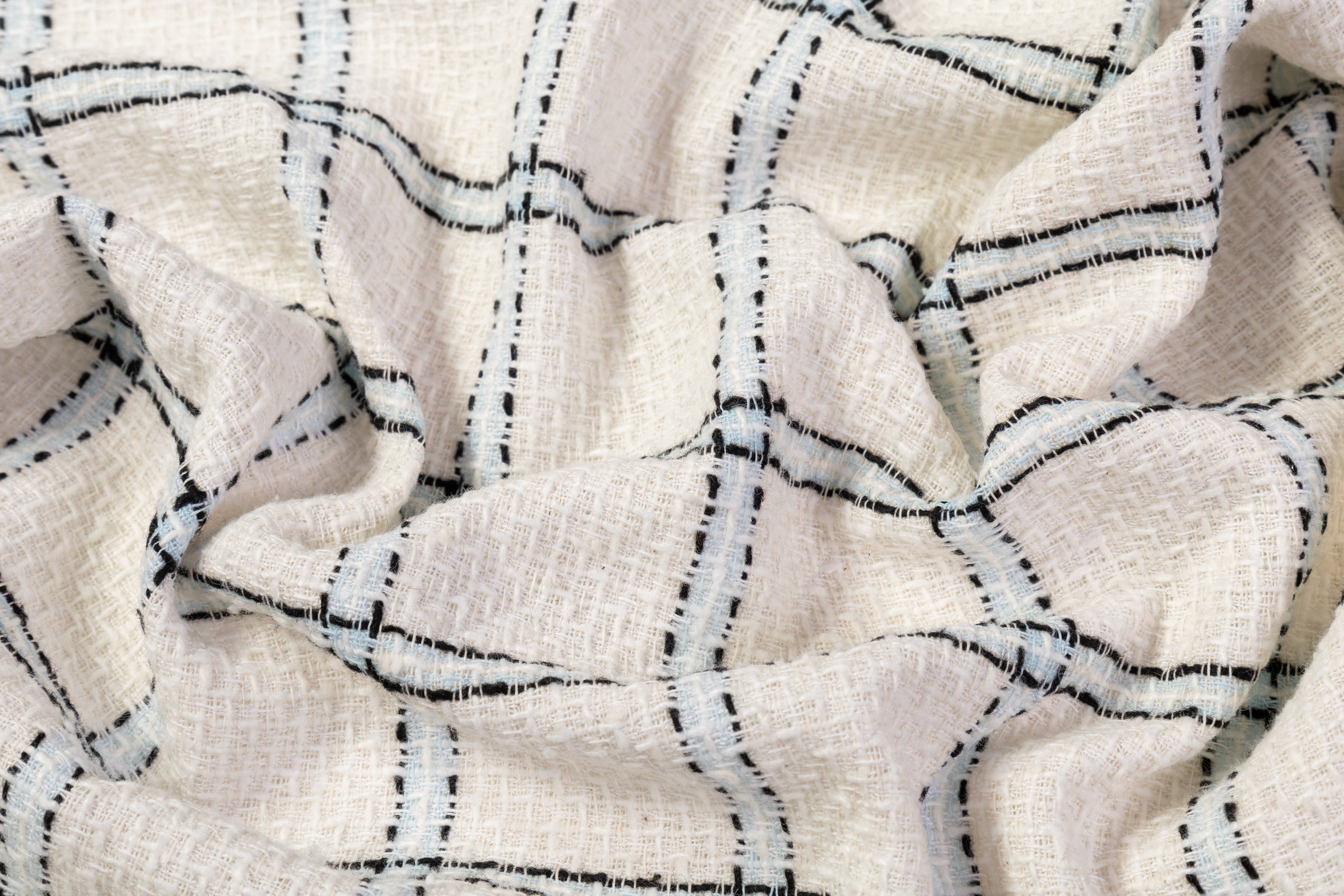 Checked Italian Cotton Tweed - Off White / Black / Blue