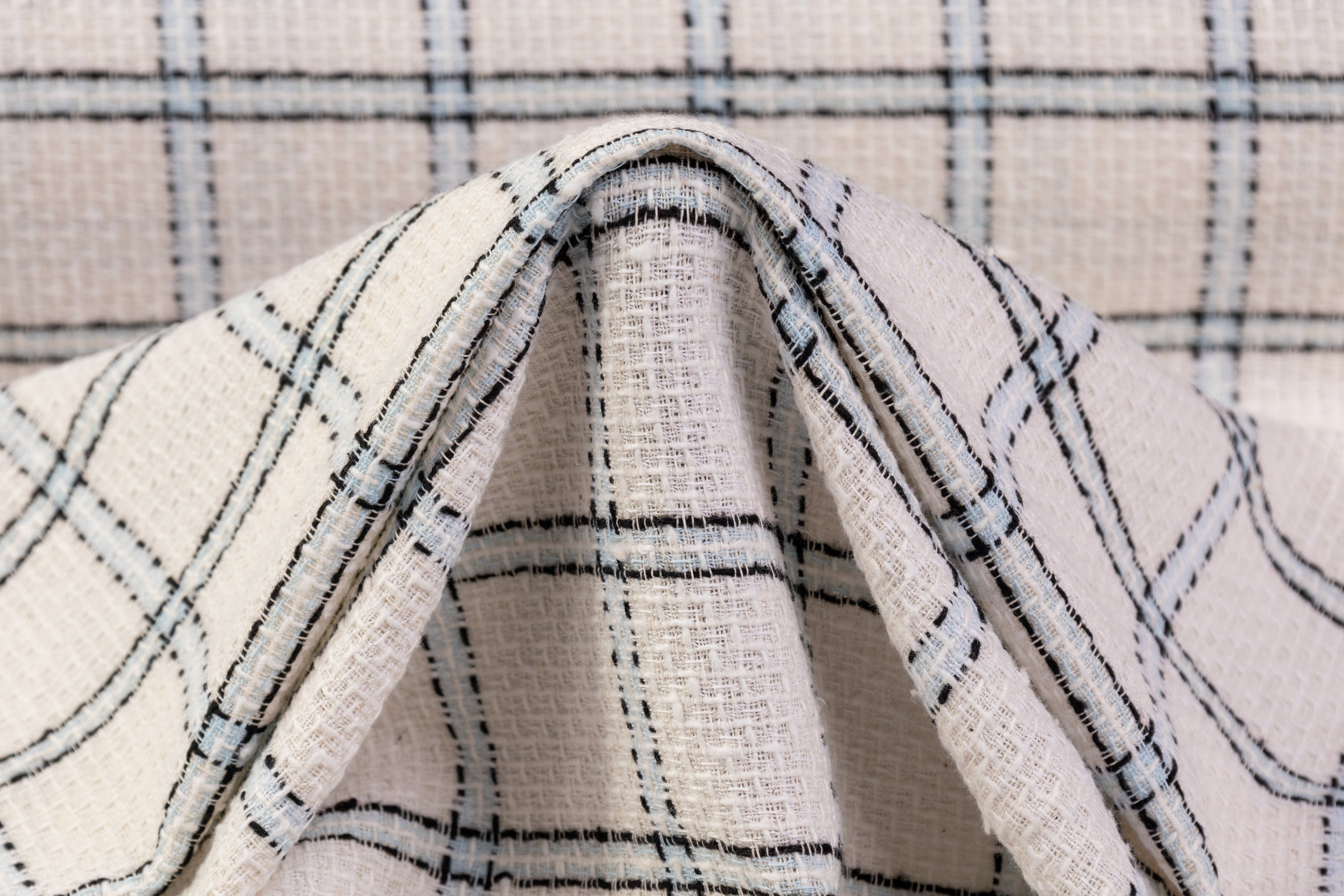 Checked Italian Cotton Tweed - Off White / Black / Blue