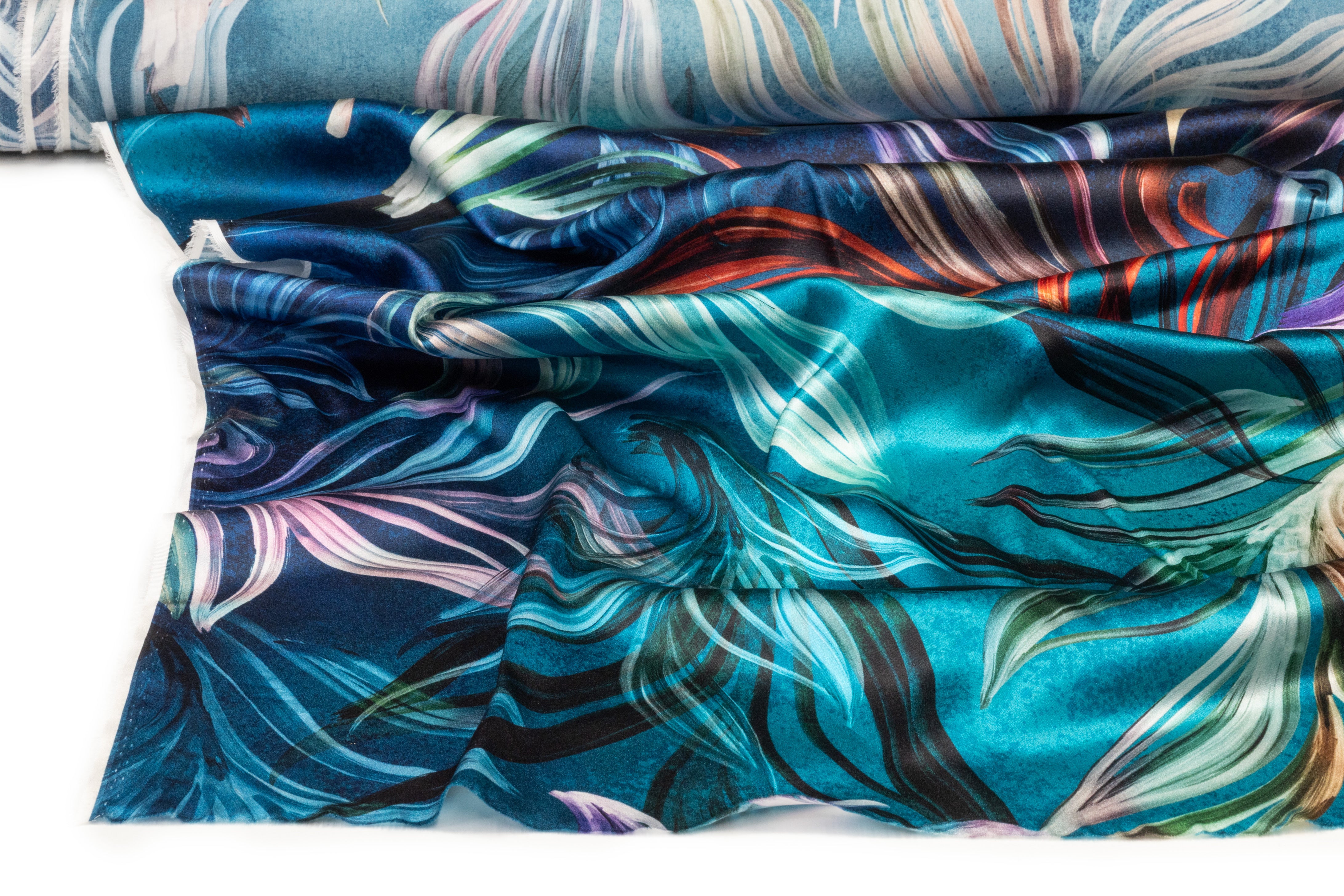 Deep Sea Floral Italian Silk Charmeuse - Blue