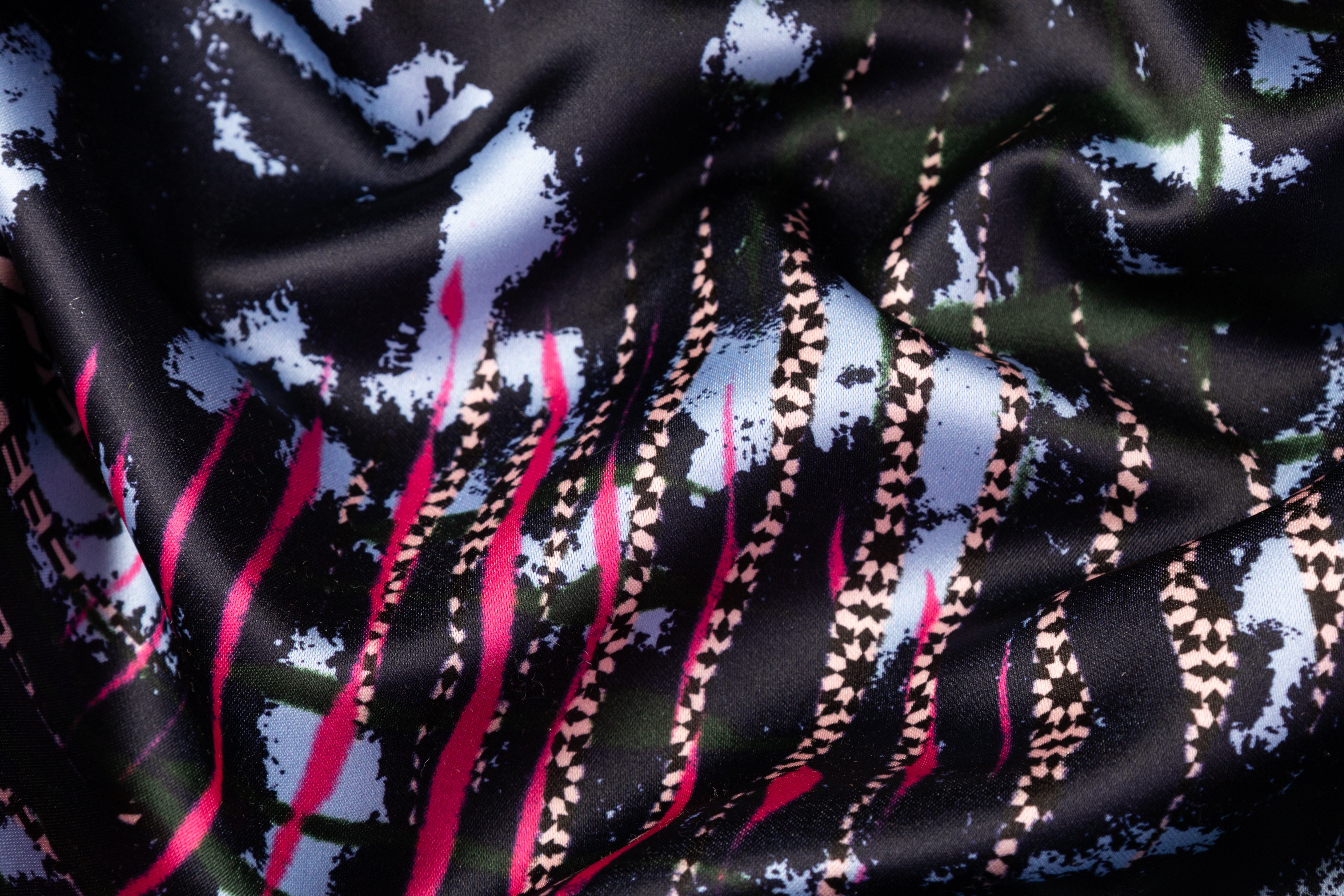 Abstract Italian Poly Satin - Navy / Green / Pink