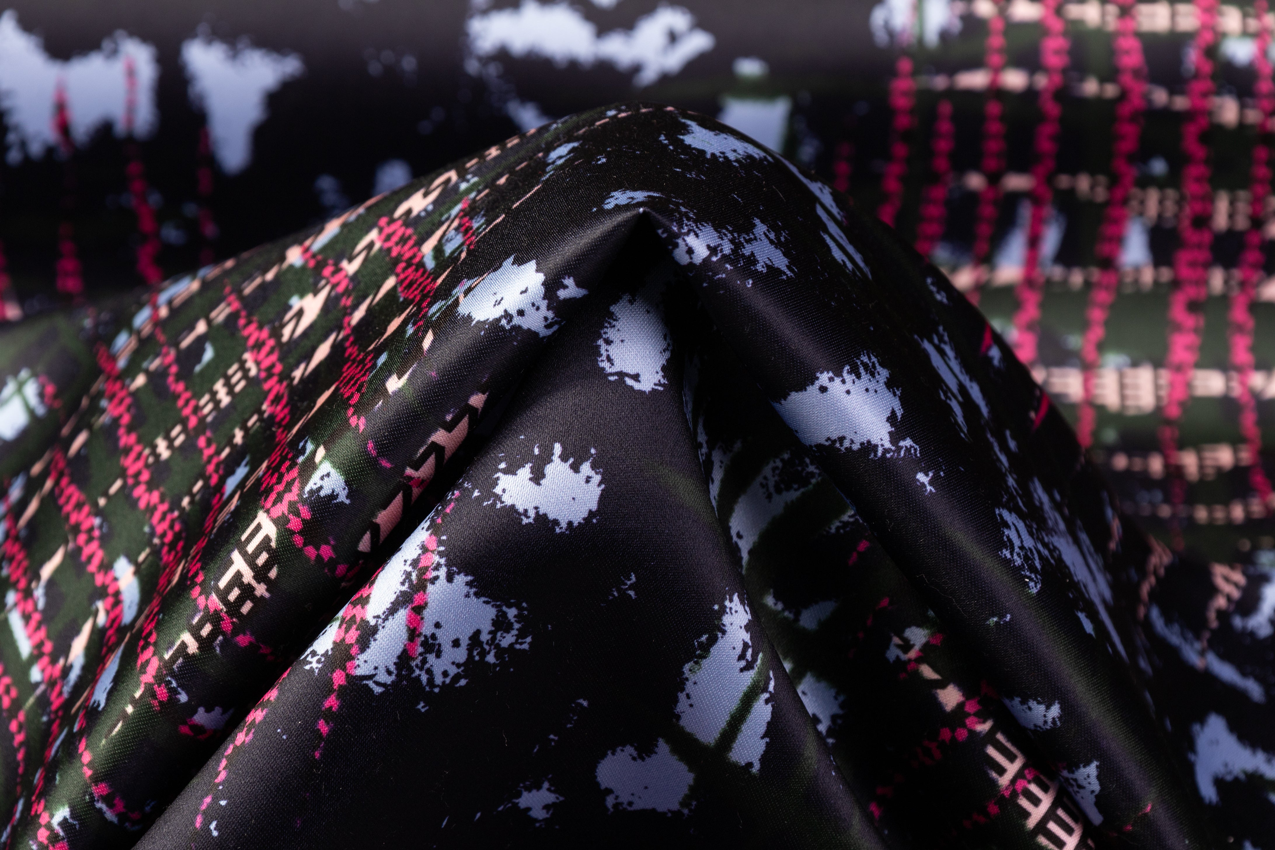 Abstract Italian Poly Satin - Navy / Green / Pink