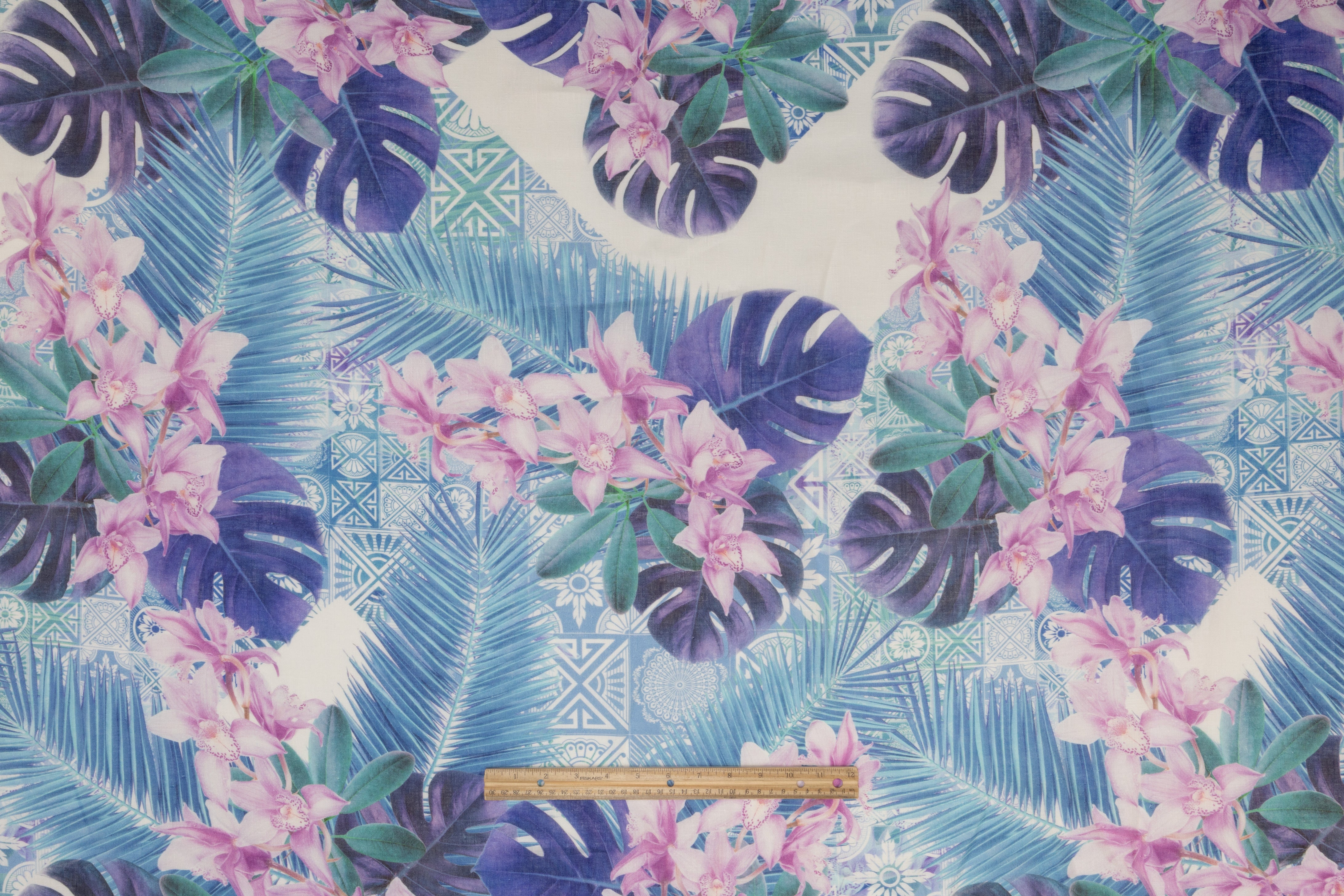 Tropical Linen Print - Blue / Pink / White