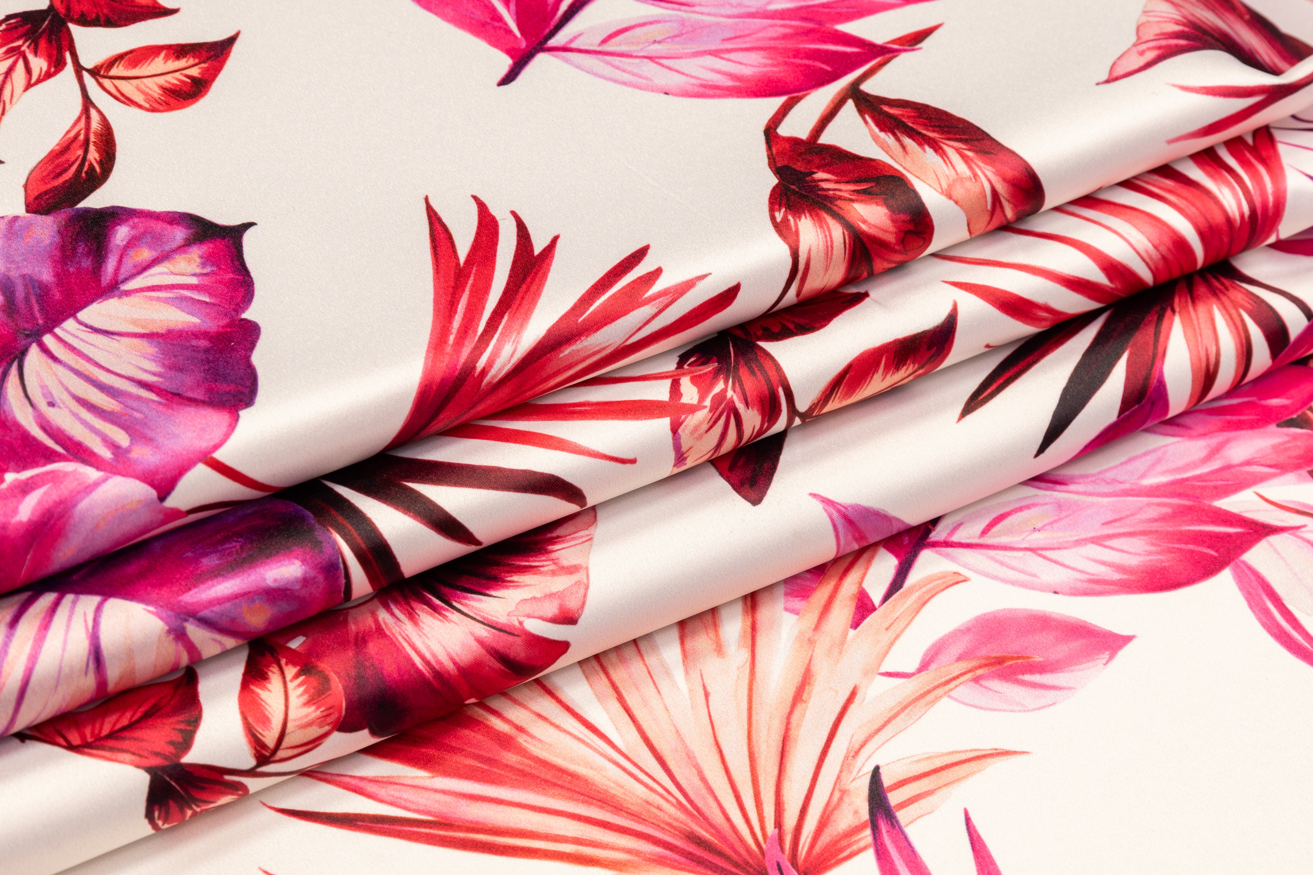 Floral Italian Poly Satin - White / Magenta