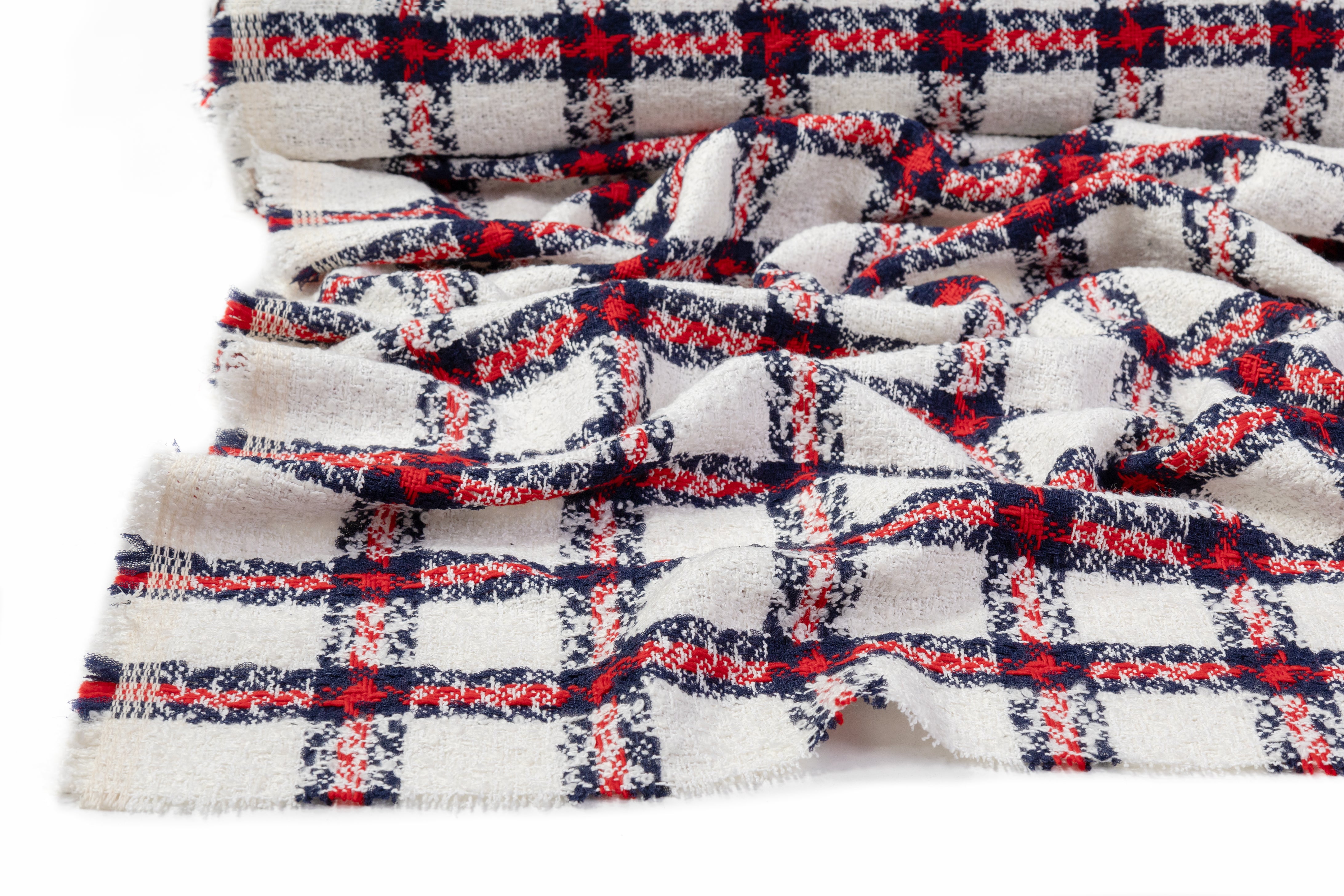 Checked Italian Wool Cotton Blend Tweed Boucle - Red / White / Navy