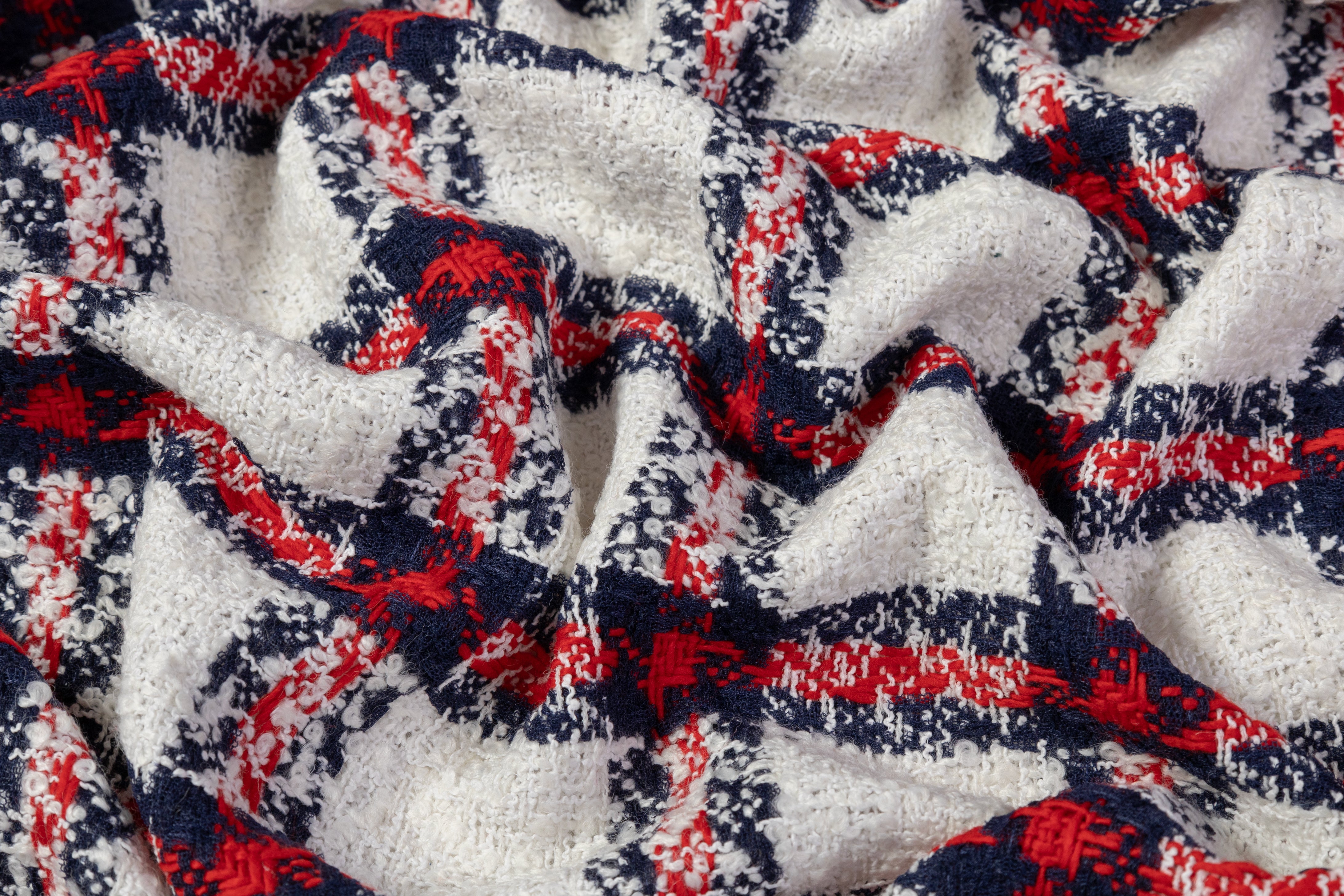 Checked Italian Wool Cotton Blend Tweed Boucle - Red / White / Navy