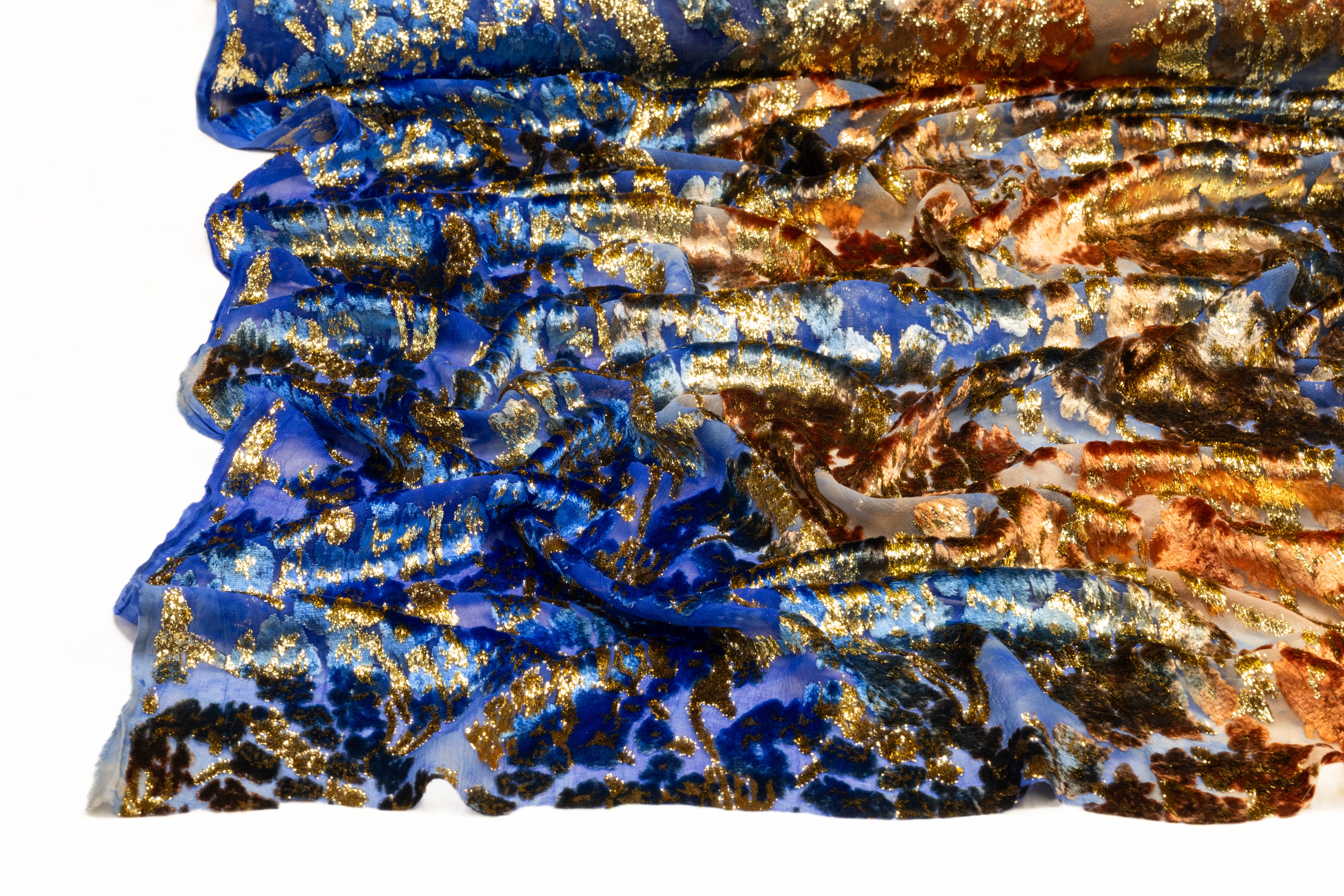 Abstract Italian Metallic Silk Viscose Velvet Fil Coupé - Blue / Bronze / Gold