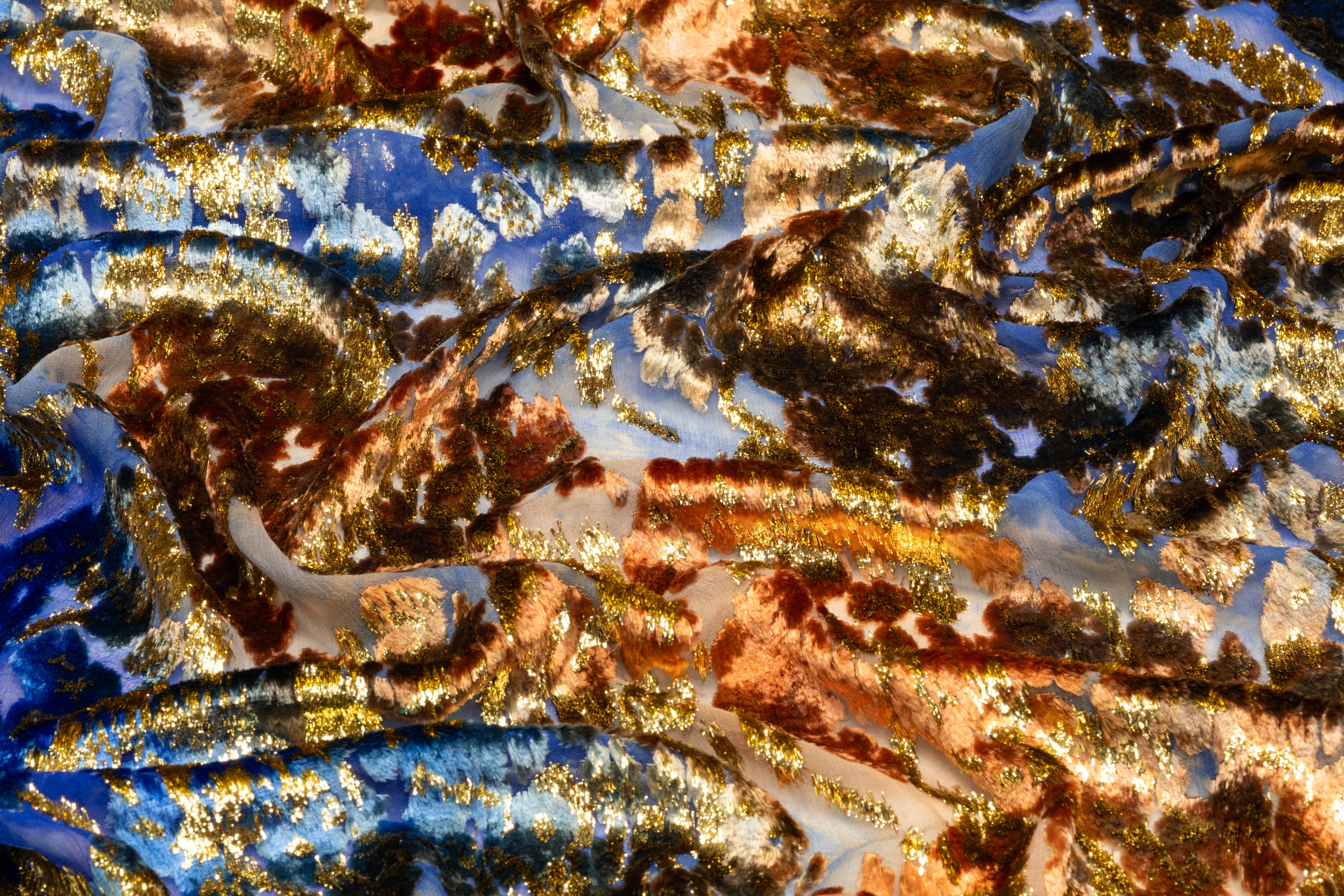 Abstract Italian Metallic Silk Viscose Velvet Fil Coupé - Blue / Bronze / Gold