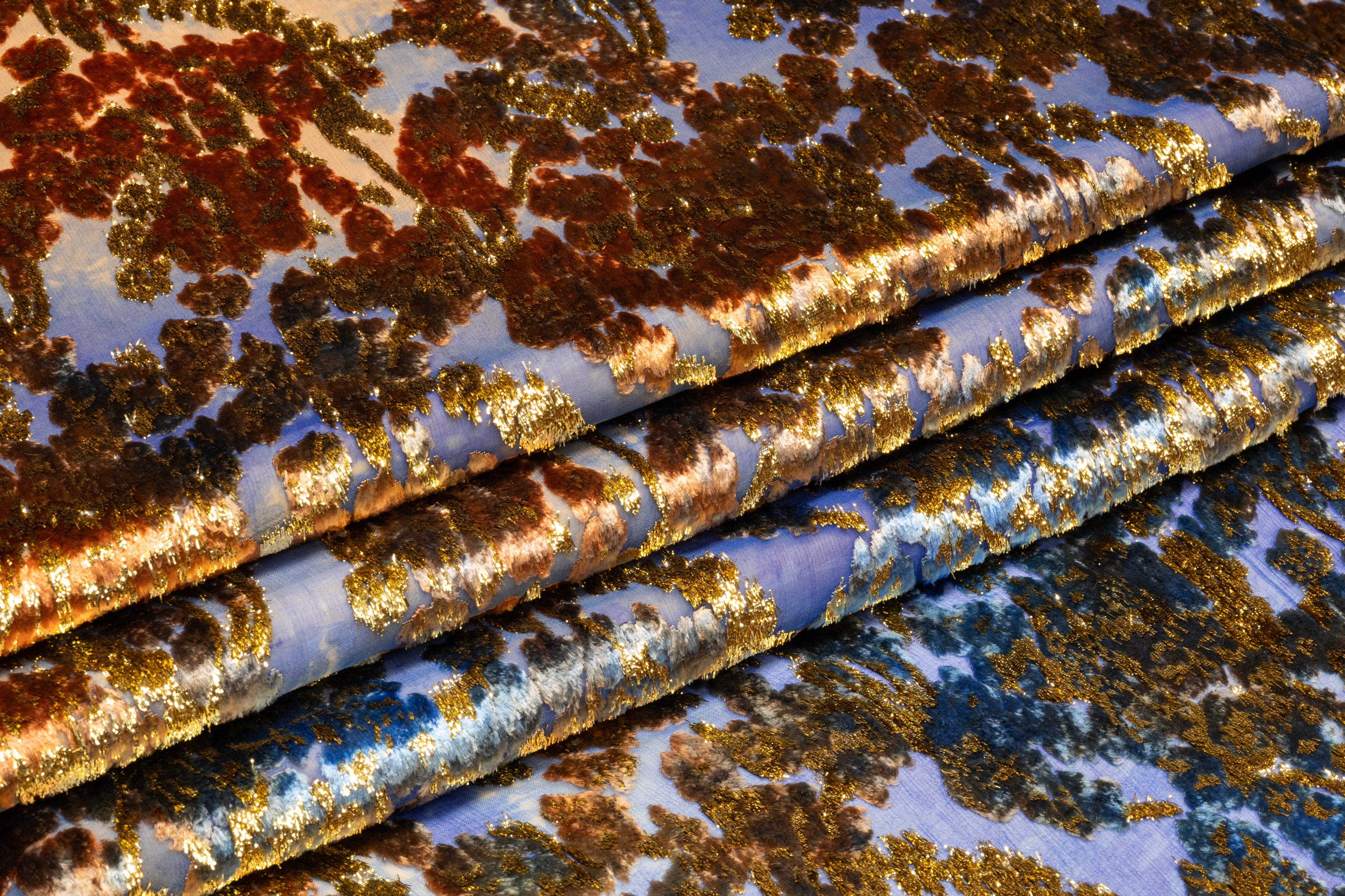 Abstract Italian Metallic Silk Viscose Velvet Fil Coupé - Blue / Bronze / Gold