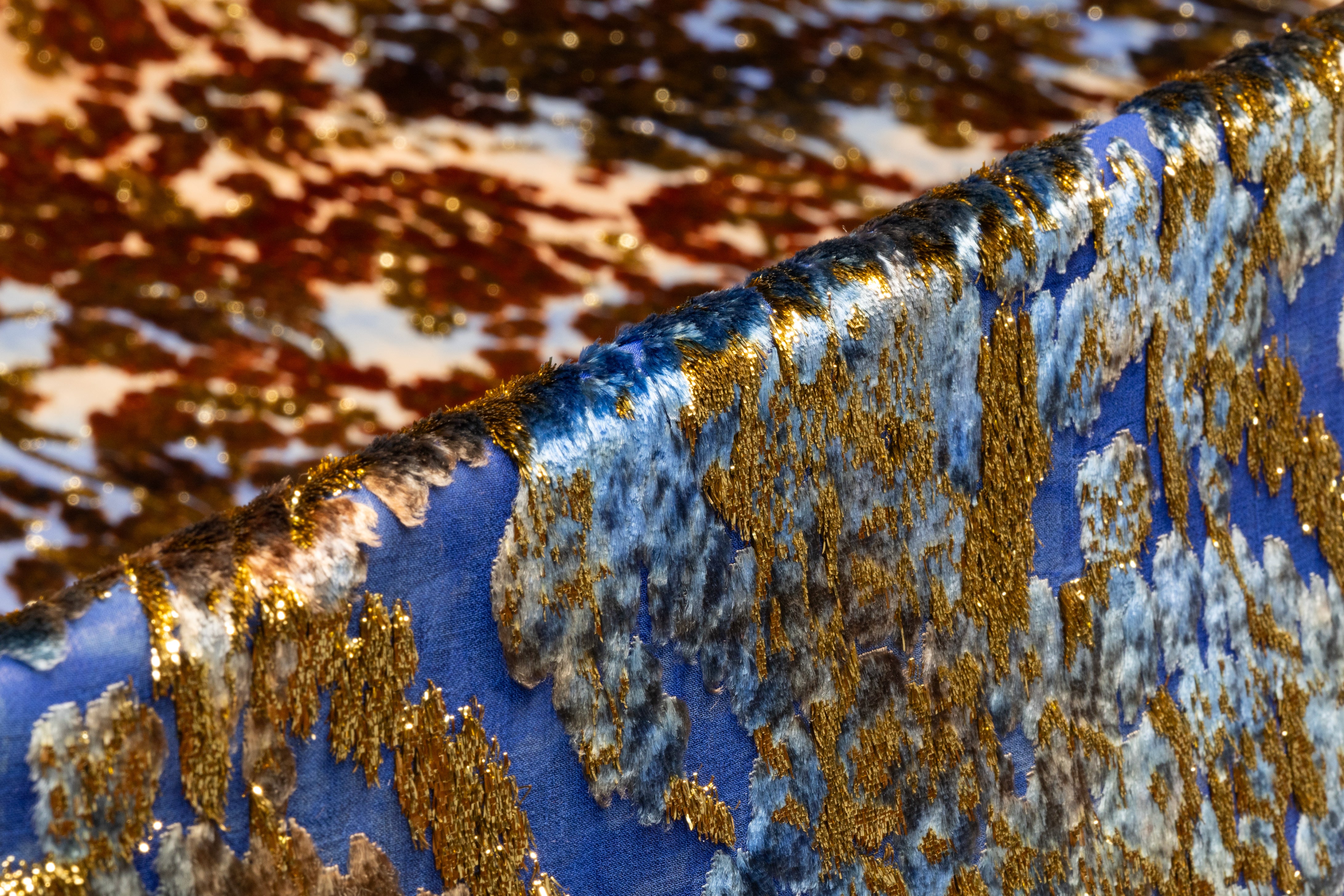 Abstract Italian Metallic Silk Viscose Velvet Fil Coupé - Blue / Bronze / Gold