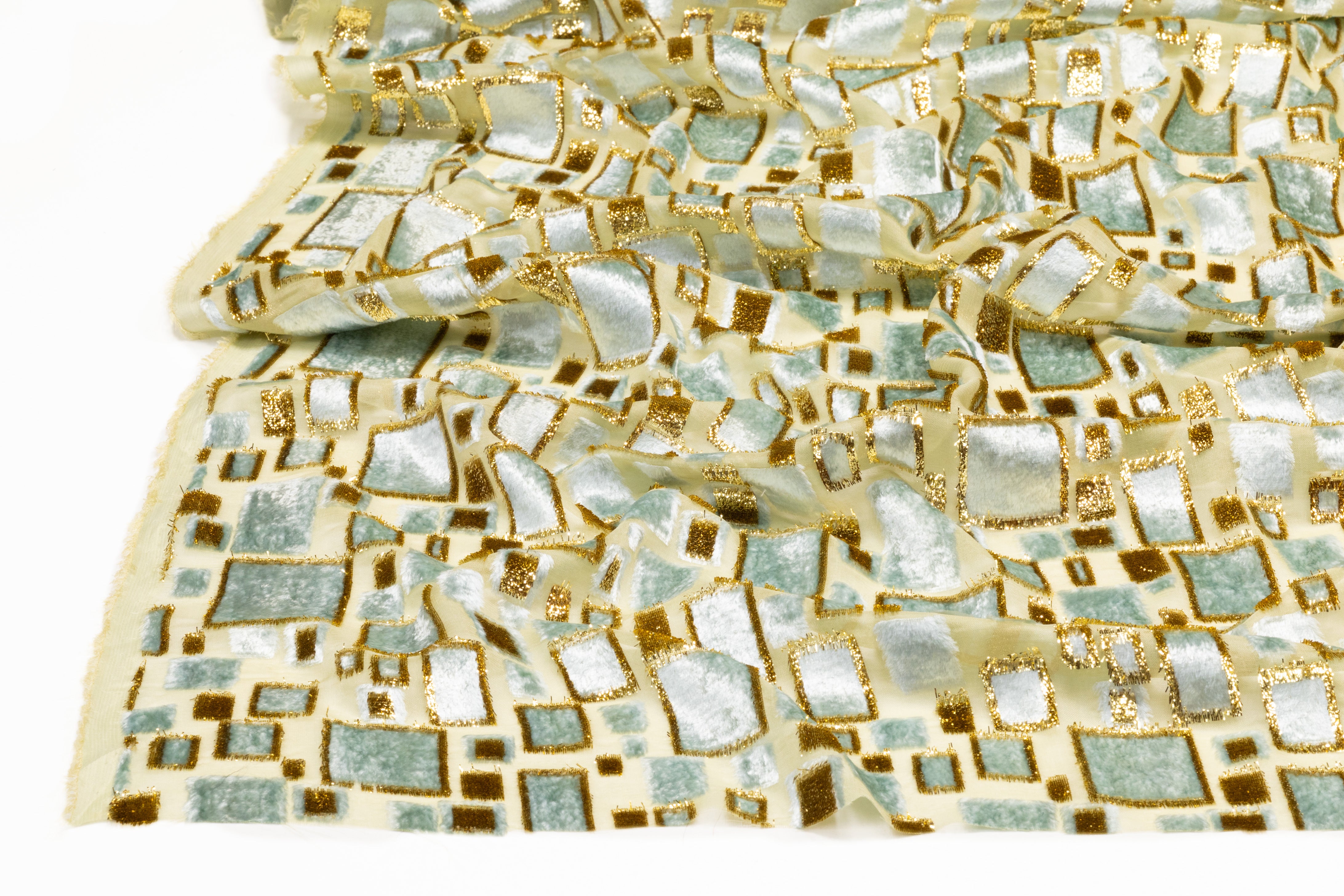 Metallic Italian Silk Viscose Fil Coupé - Sage Green / Icy Blue / Gold