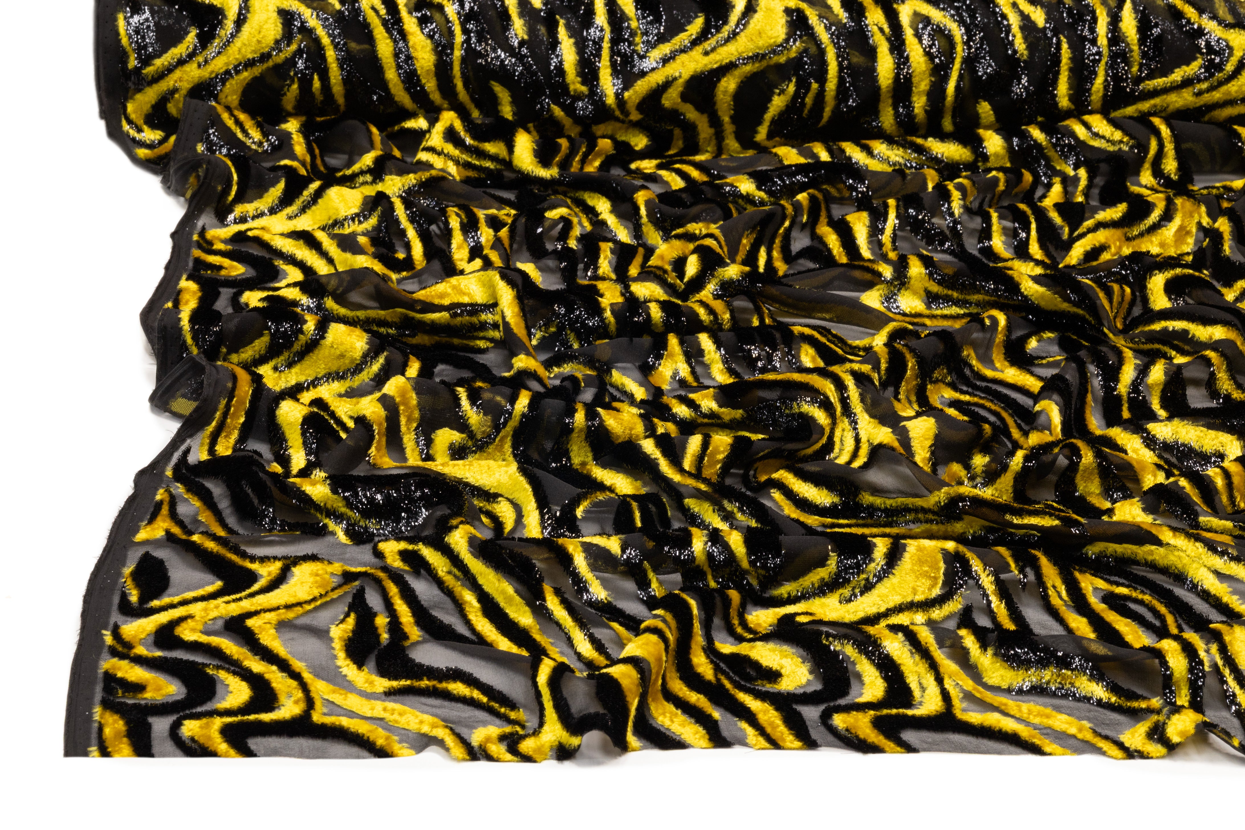 Abstract Italian Metallic Silk Viscose Velvet Fil Coupé - Black / Yellow