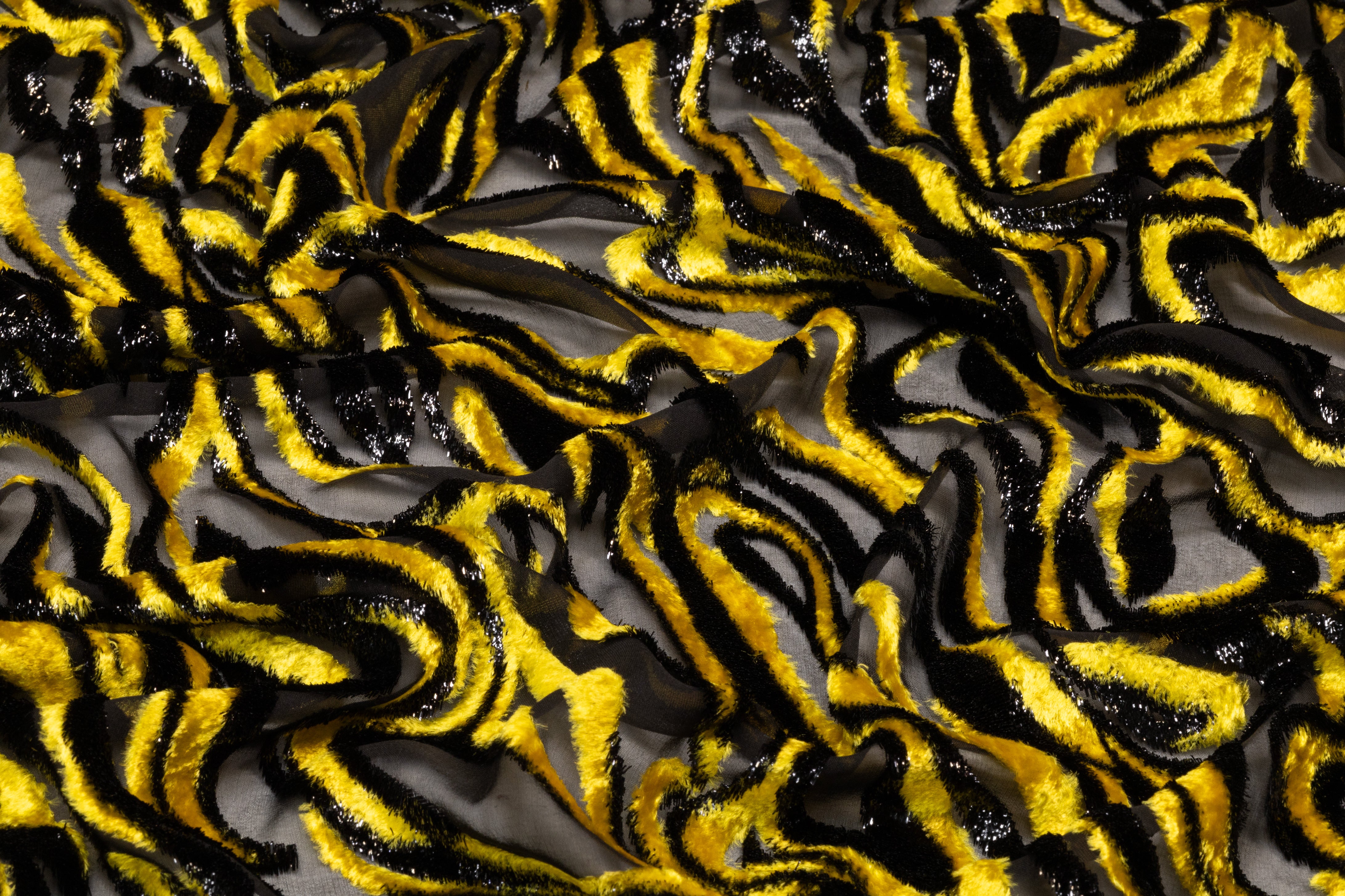 Abstract Italian Metallic Silk Viscose Velvet Fil Coupé - Black / Yellow