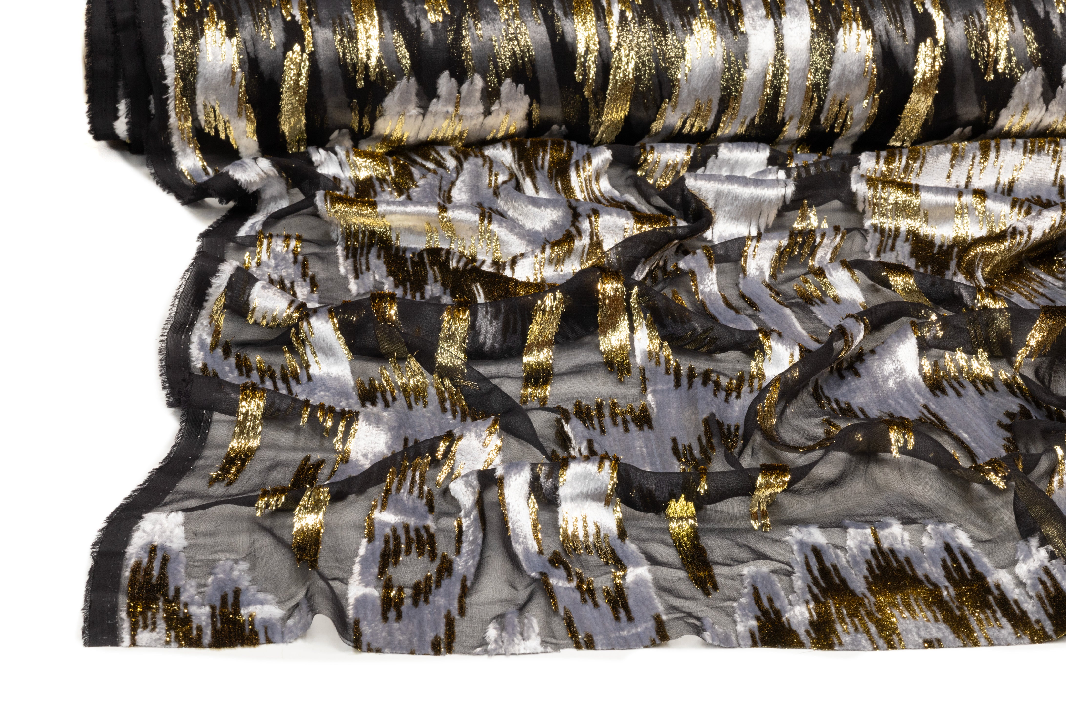 Ikat Italian Metallic Silk Viscose Velvet Fil Coupé - Black / Silver / Gold