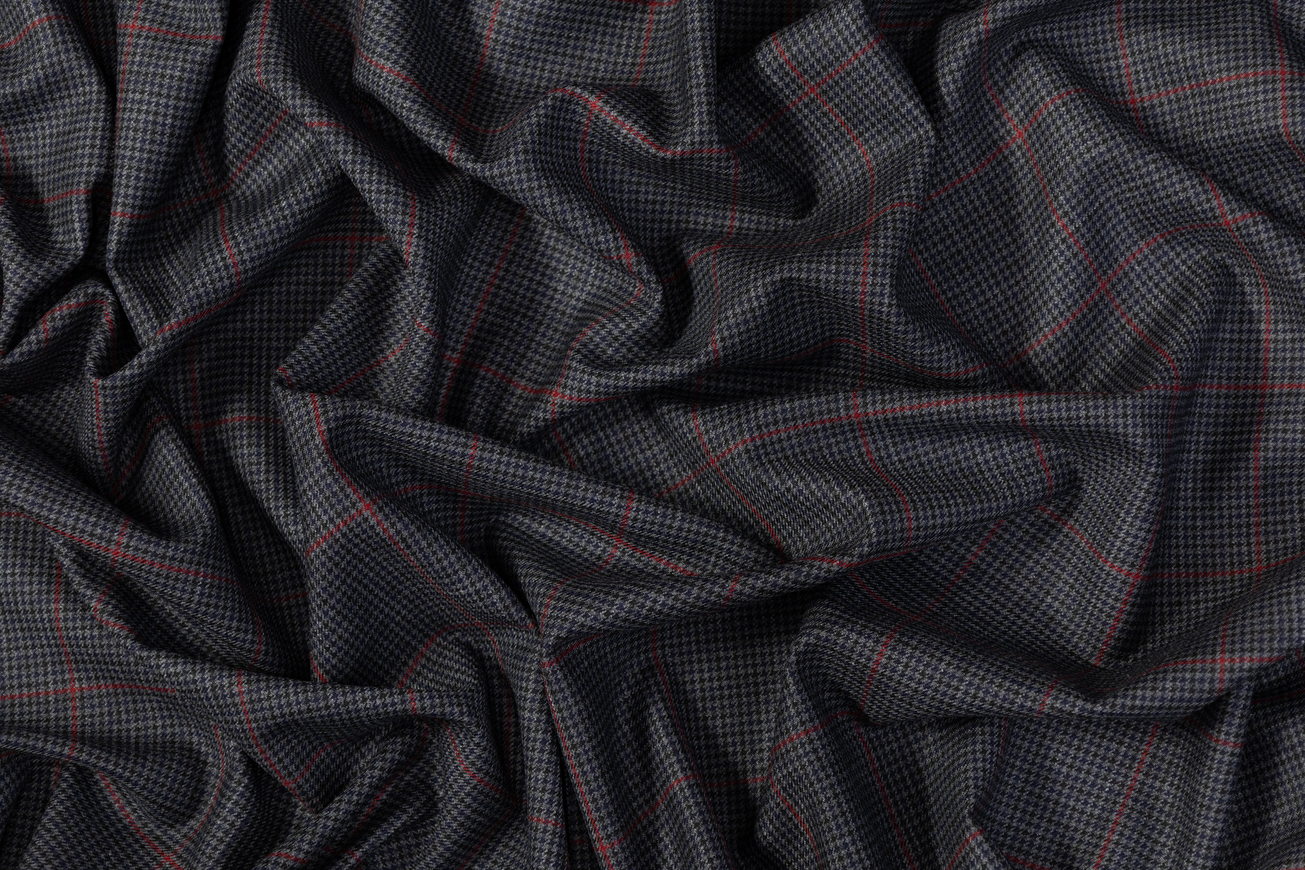 Checked Stretch Wool Blend Suiting - Charcoal Gray / Red