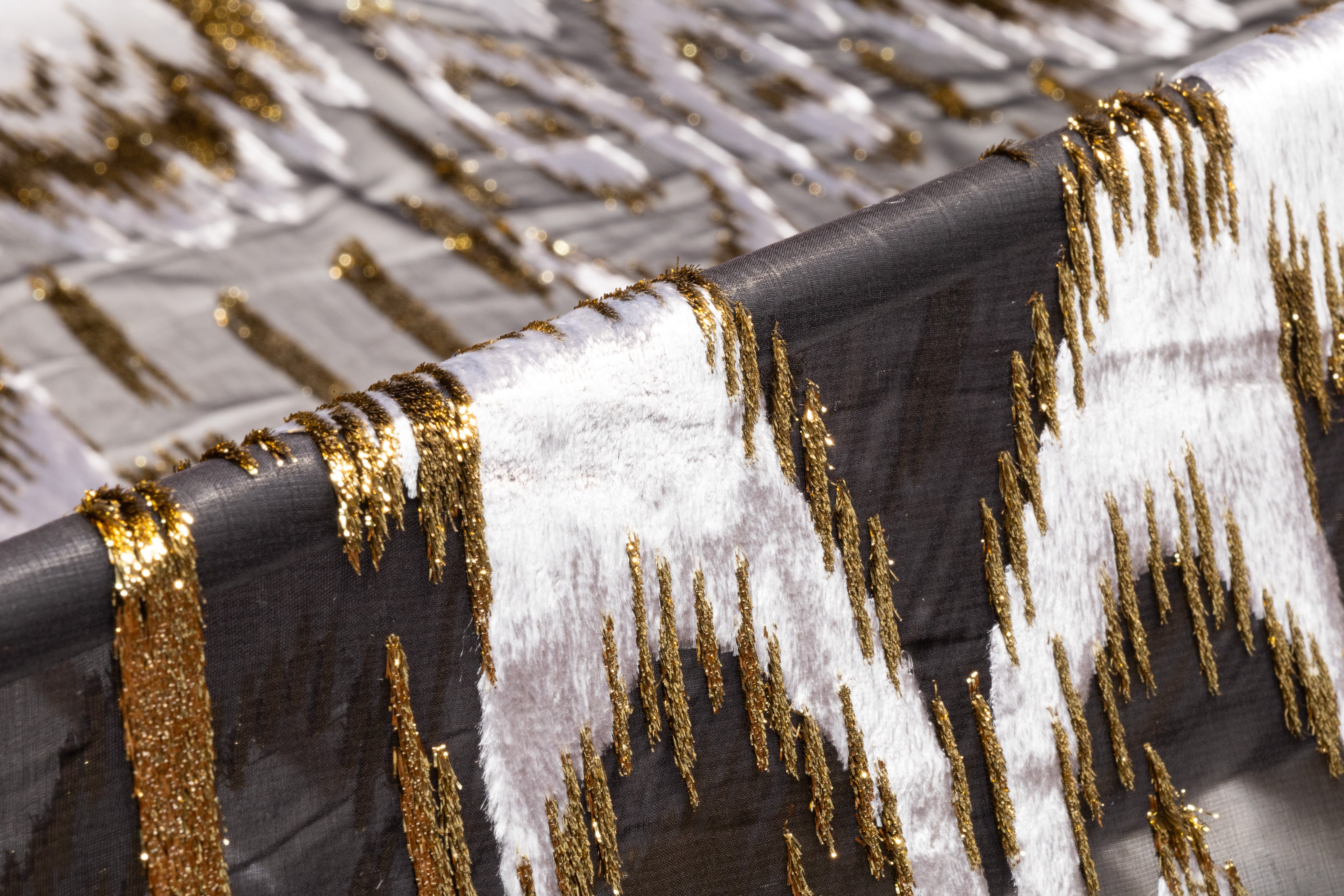 Ikat Italian Metallic Silk Viscose Velvet Fil Coupé - Black / Silver / Gold