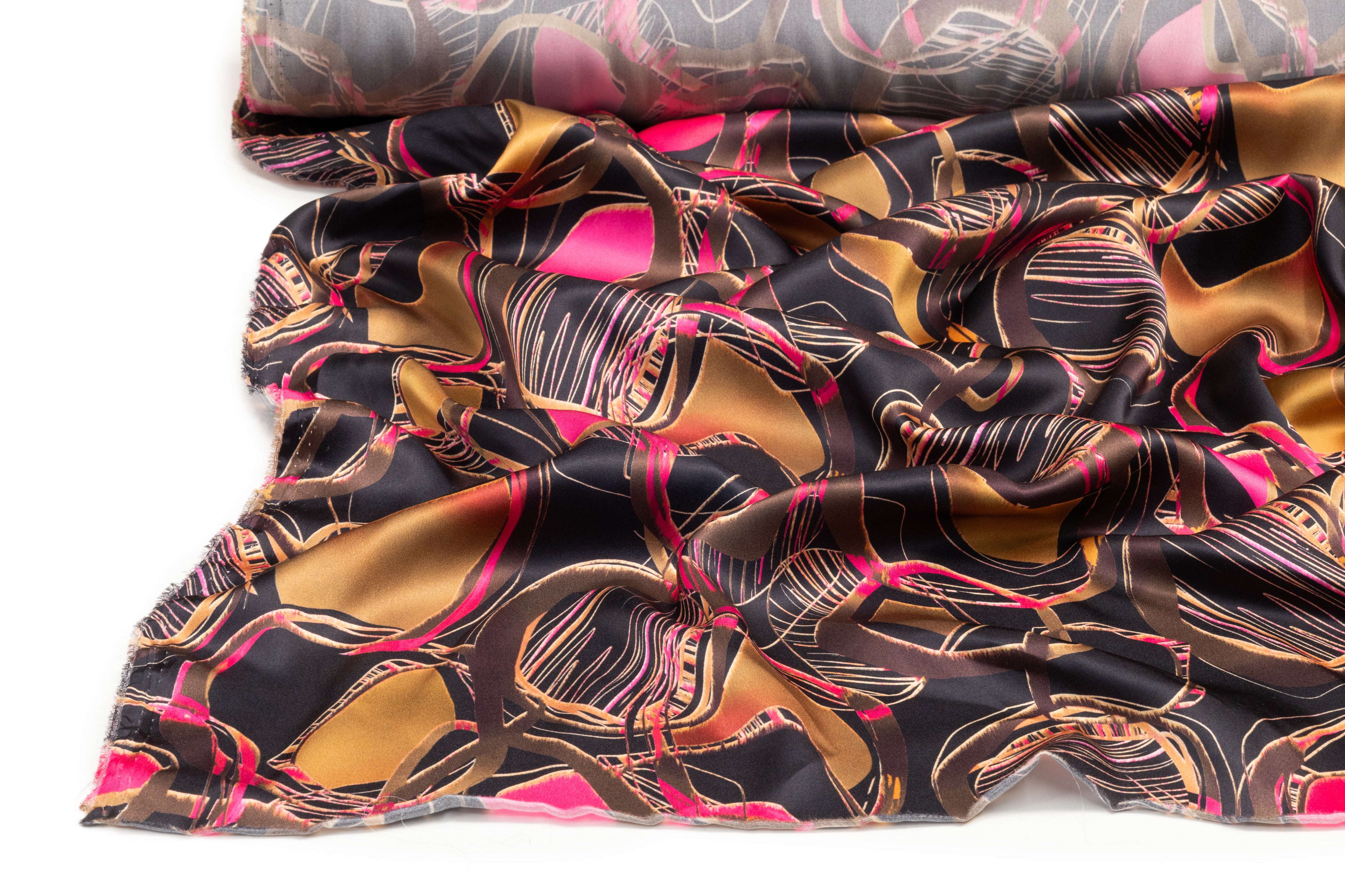 Abstract Italian Silk Charmeuse - Magenta / Brass / Gold / Black