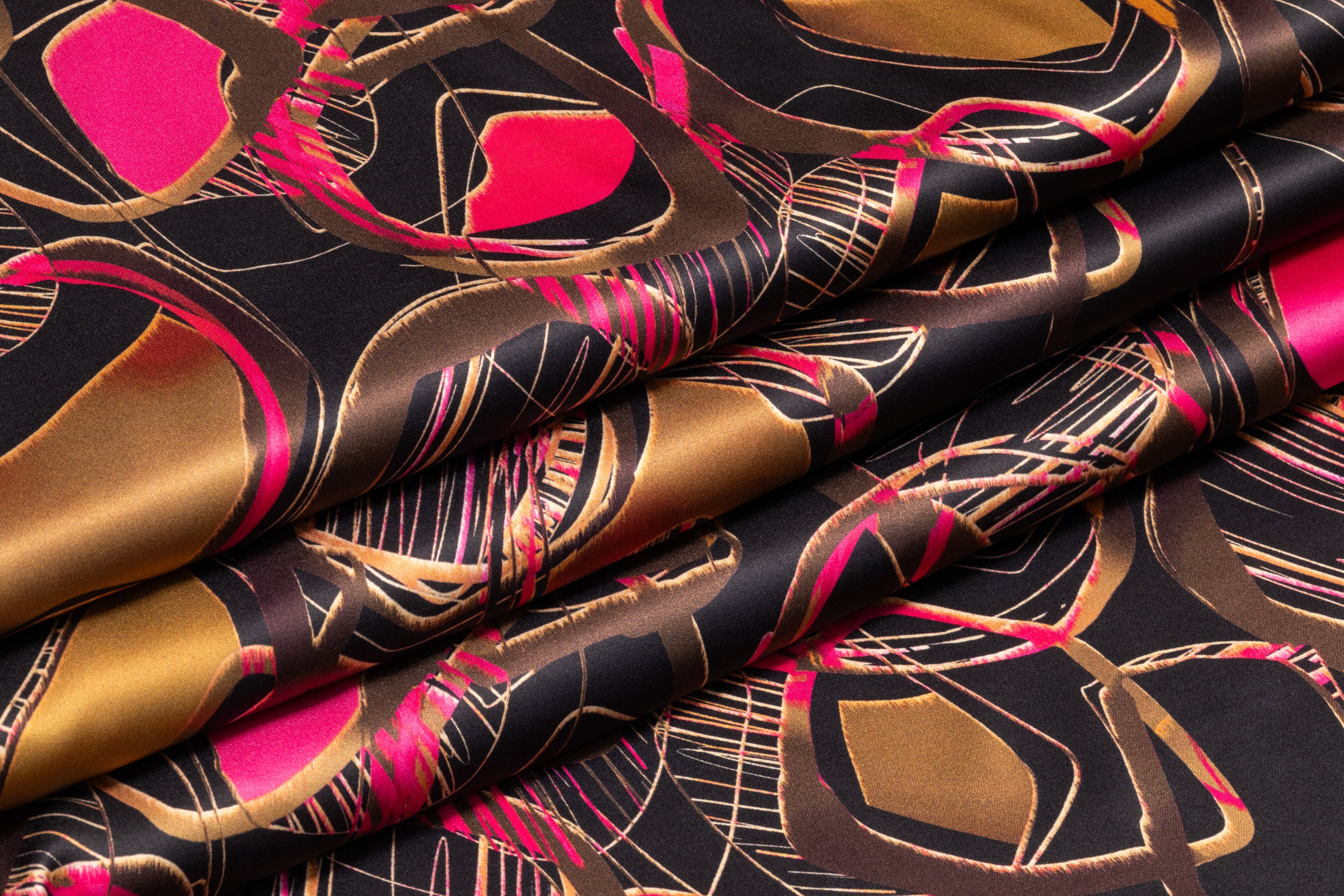 Abstract Italian Silk Charmeuse - Magenta / Brass / Gold / Black
