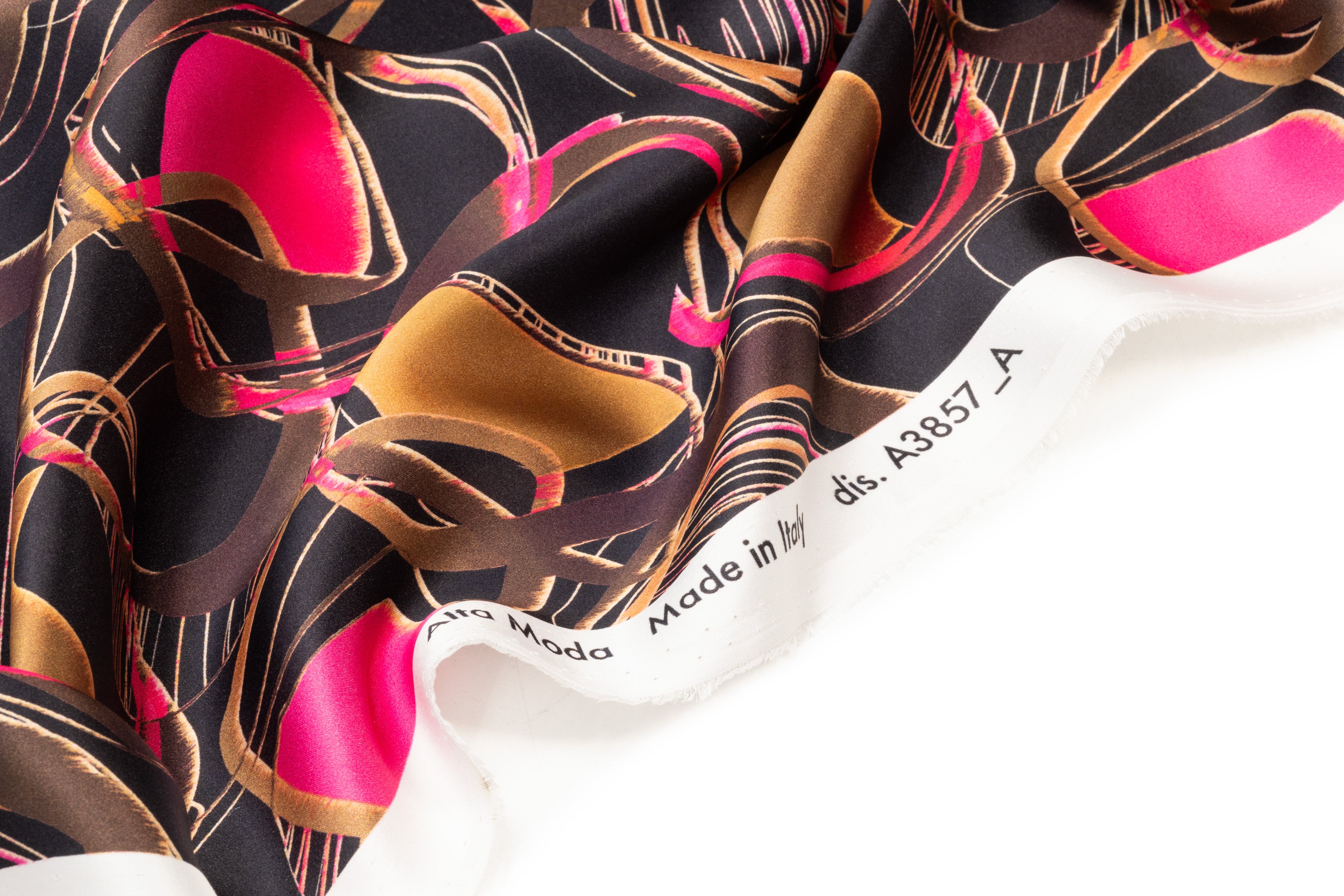 Abstract Italian Silk Charmeuse - Magenta / Brass / Gold / Black