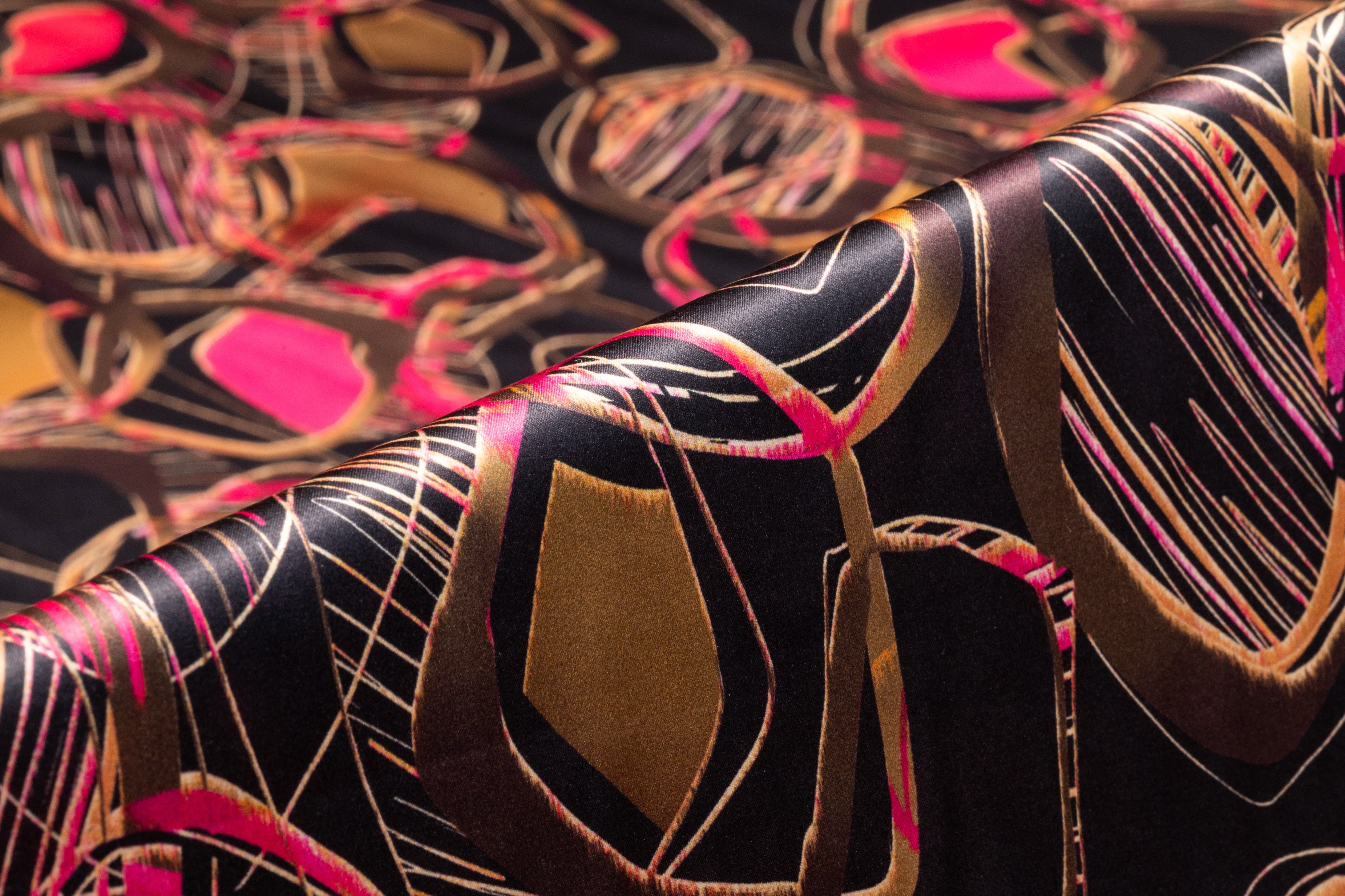 Abstract Italian Silk Charmeuse - Magenta / Brass / Gold / Black