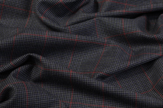 Checked Stretch Wool Blend Suiting - Charcoal Gray / Red