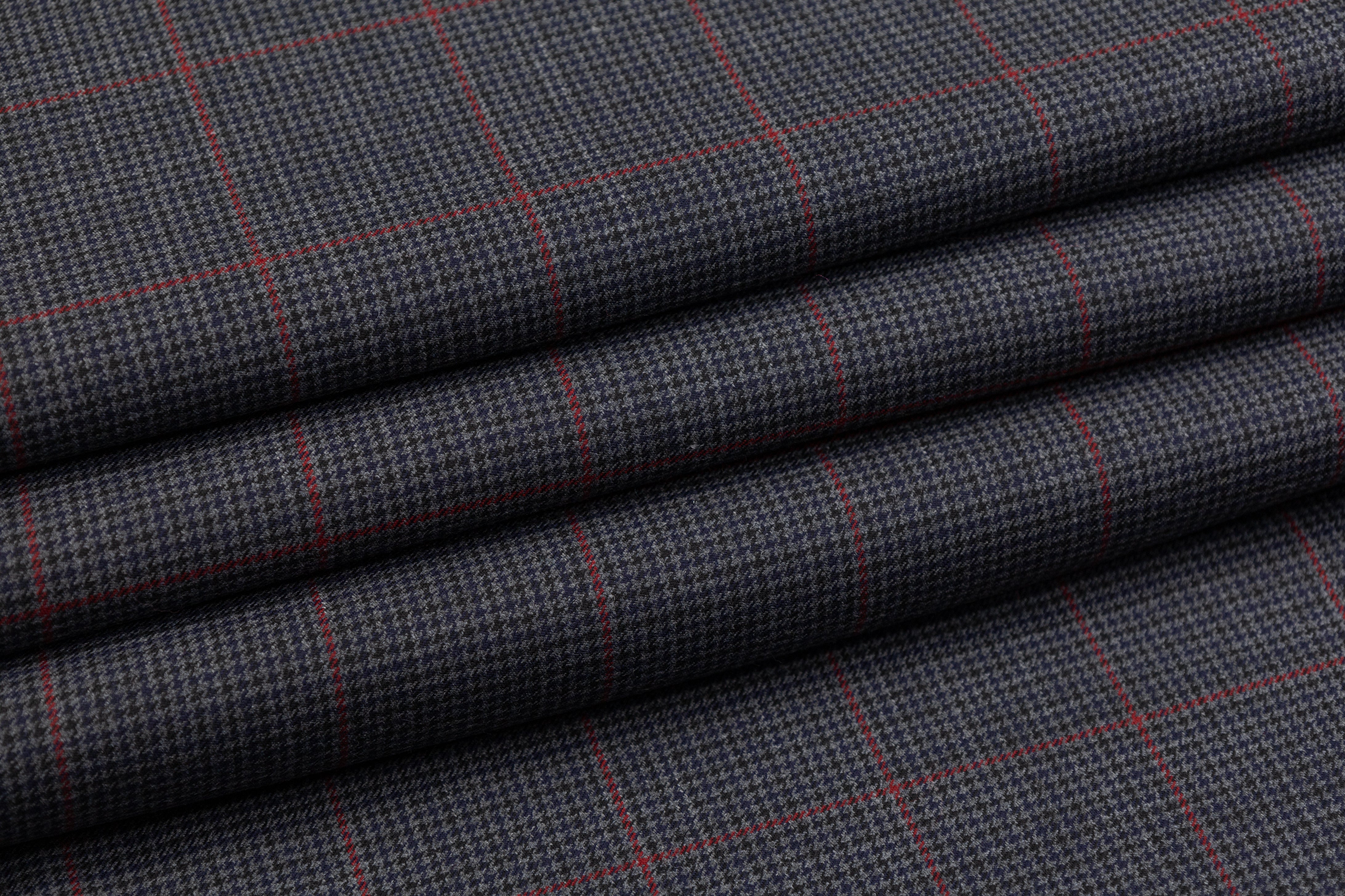 Checked Stretch Wool Blend Suiting - Charcoal Gray / Red