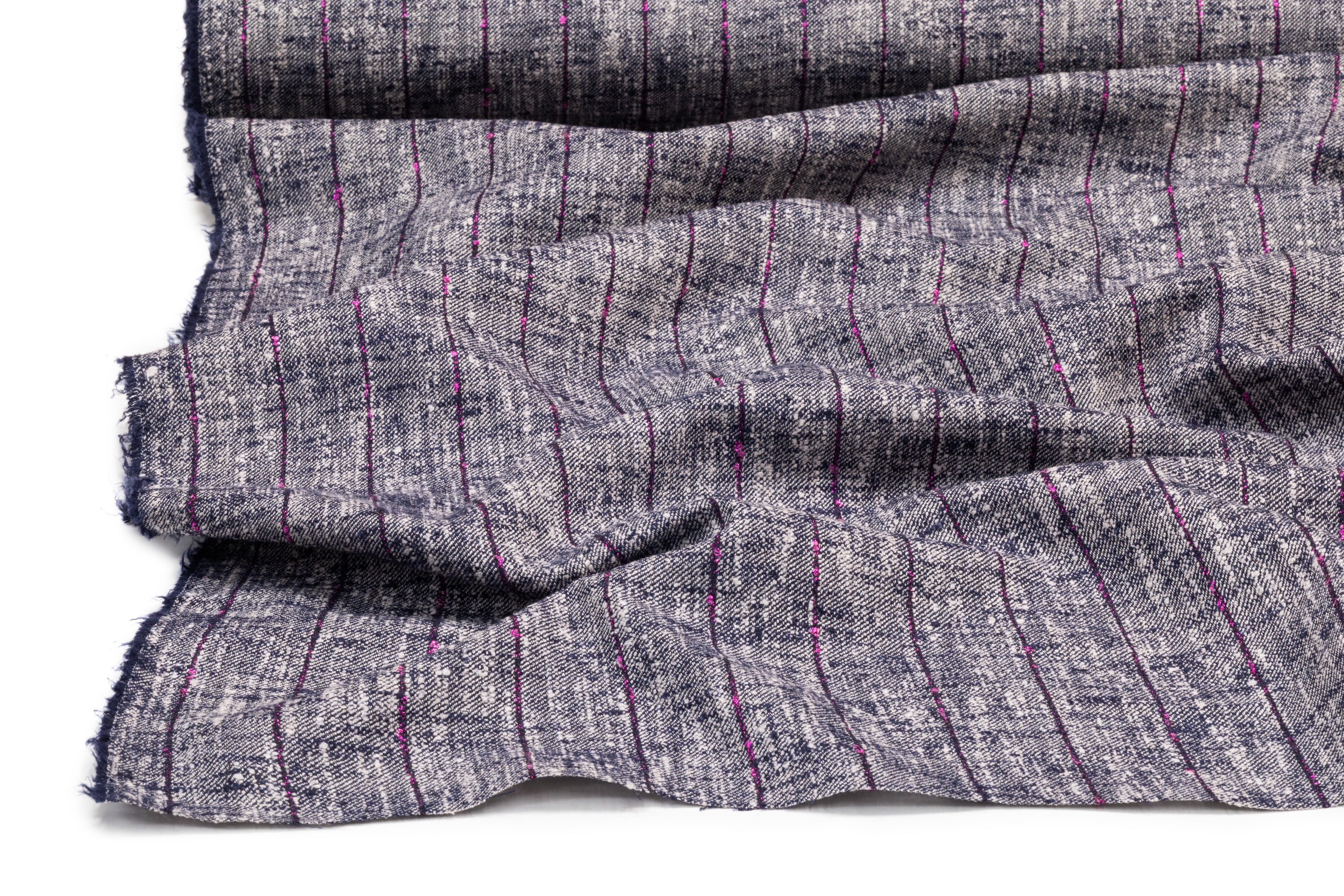 Metallic Striped Italian Wool Cotton Linen Tweed Suiting - Navy / Fuchsia
