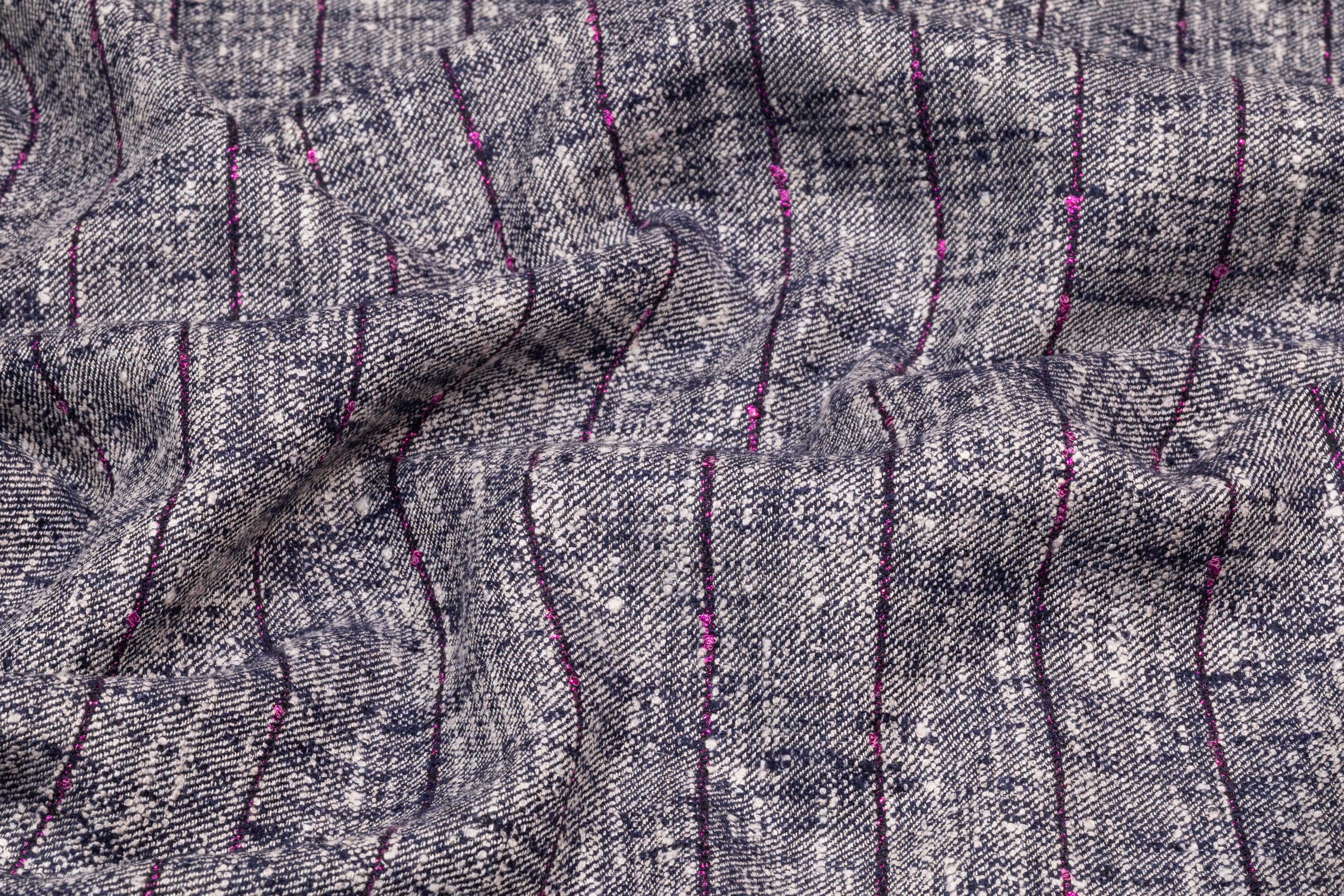 Metallic Striped Italian Wool Cotton Linen Tweed Suiting - Navy / Fuchsia