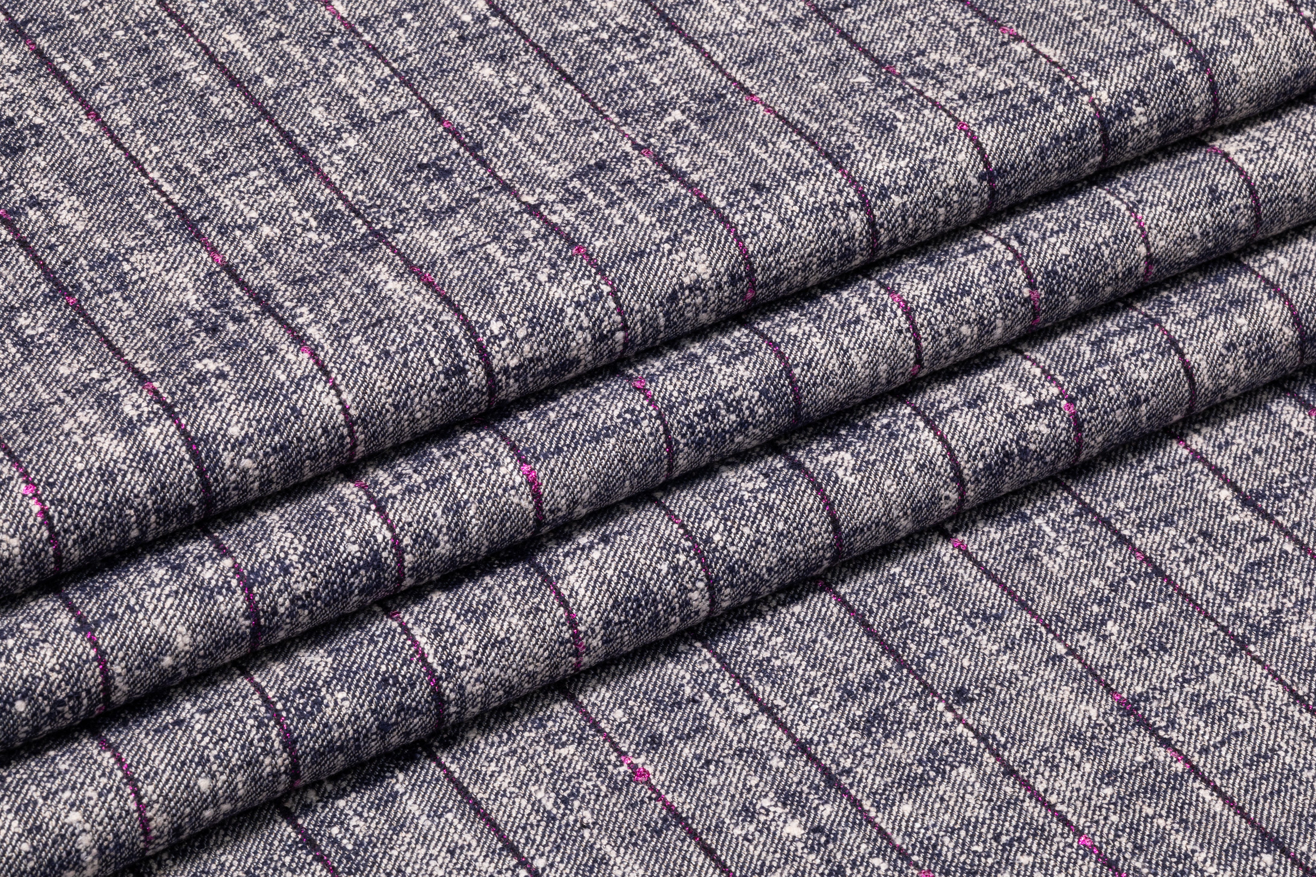 Metallic Striped Italian Wool Cotton Linen Tweed Suiting - Navy / Fuchsia