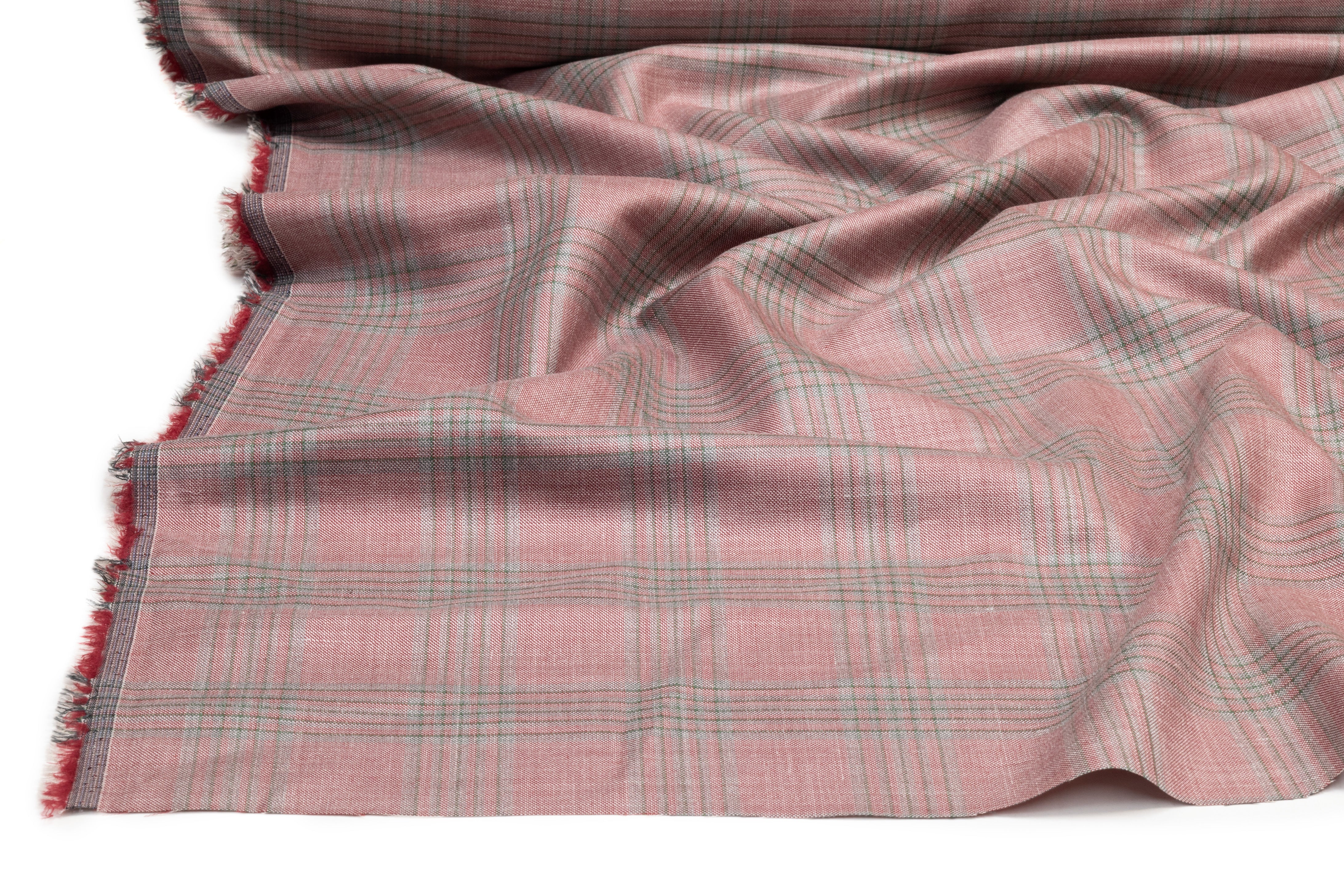 Checked Italian Wool Linen Suiting - Rose Pink / Green