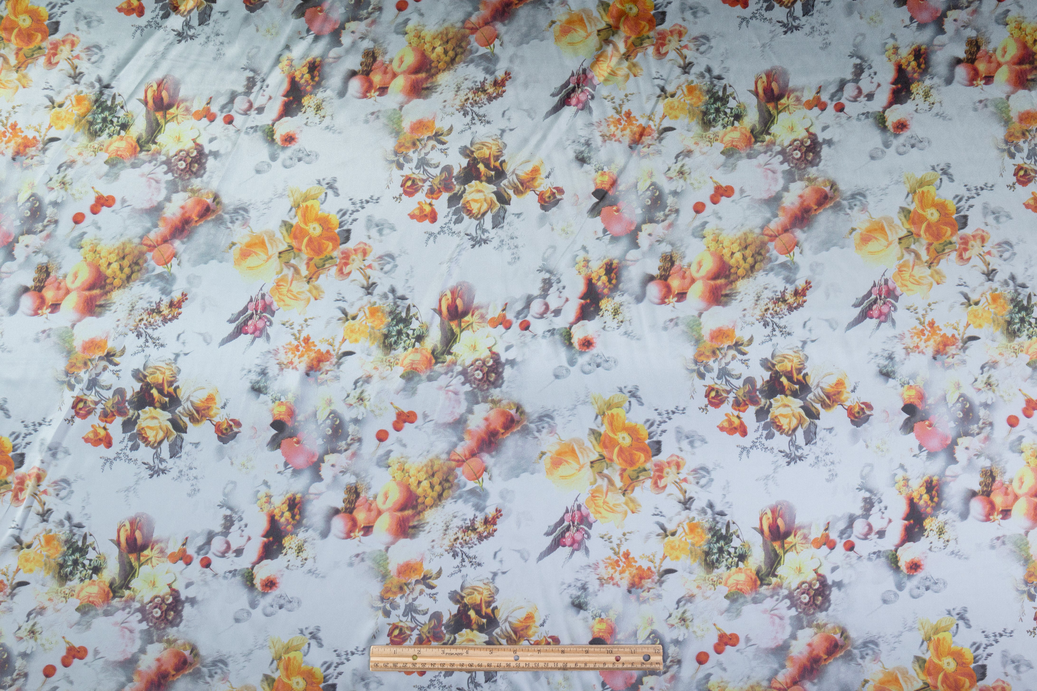 Floral Italian Silk Charmeuse - Steel Blue