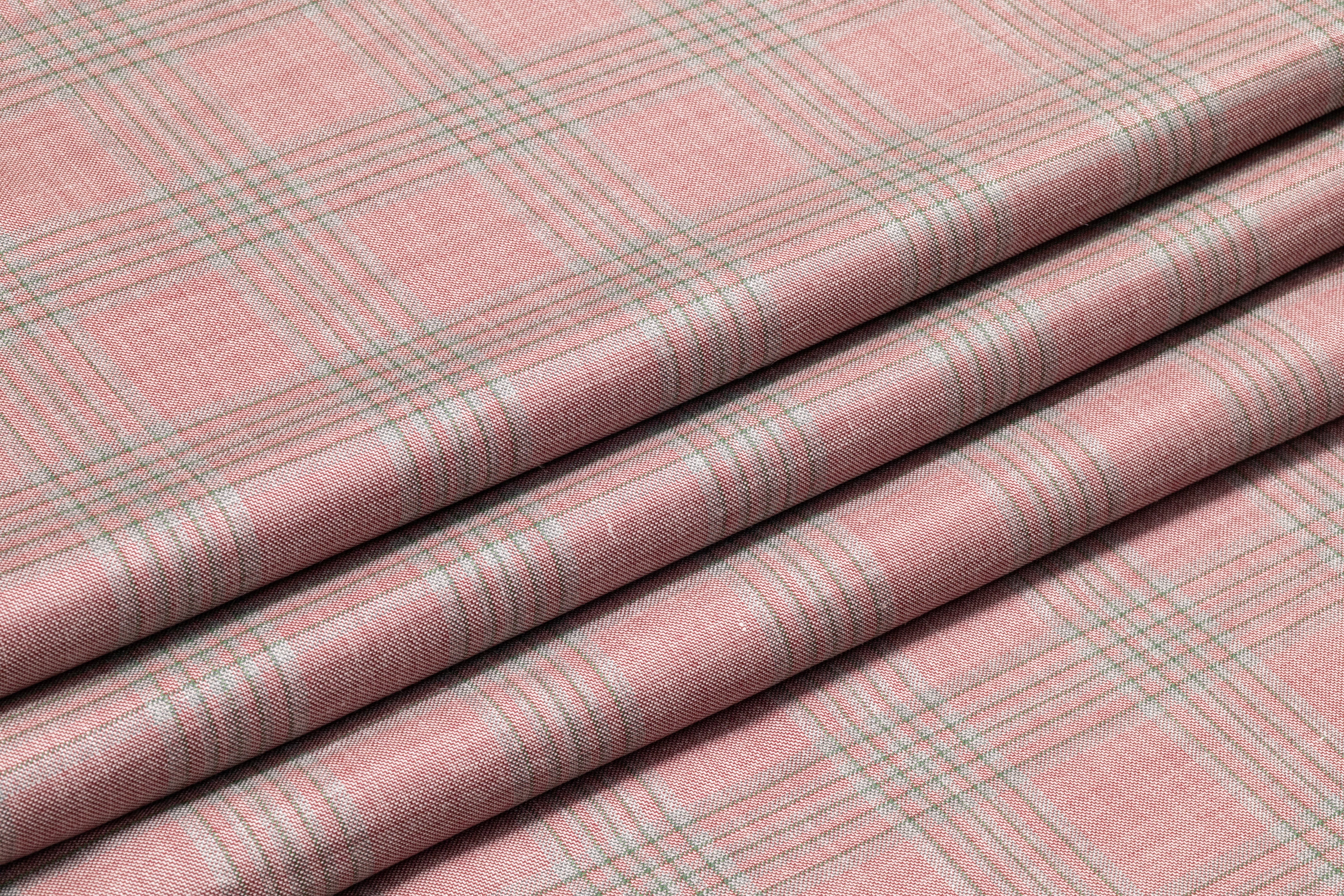 Checked Italian Wool Linen Suiting - Rose Pink / Green