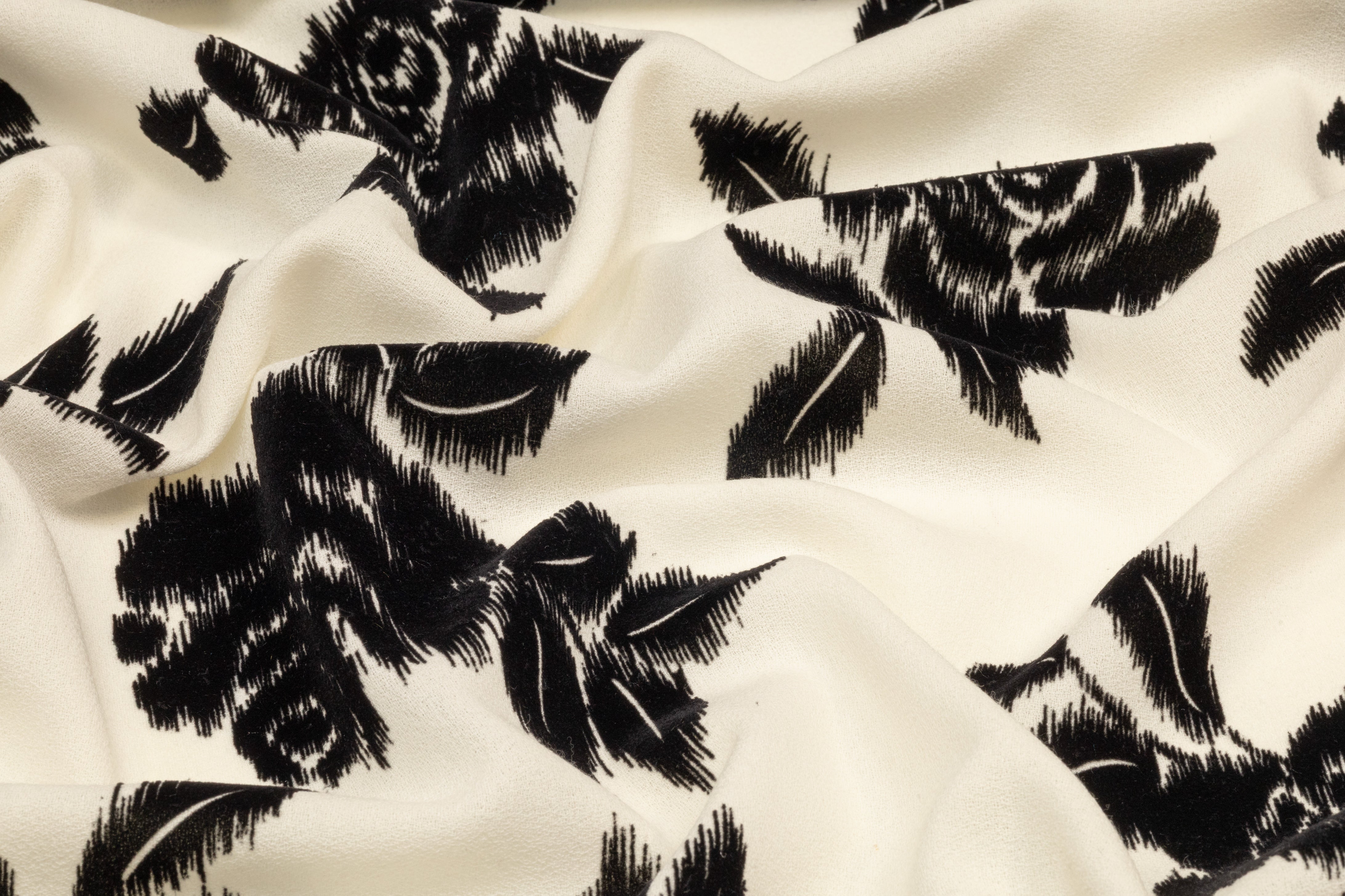 Floral Flocked Italian Crepe - Ivory / Black