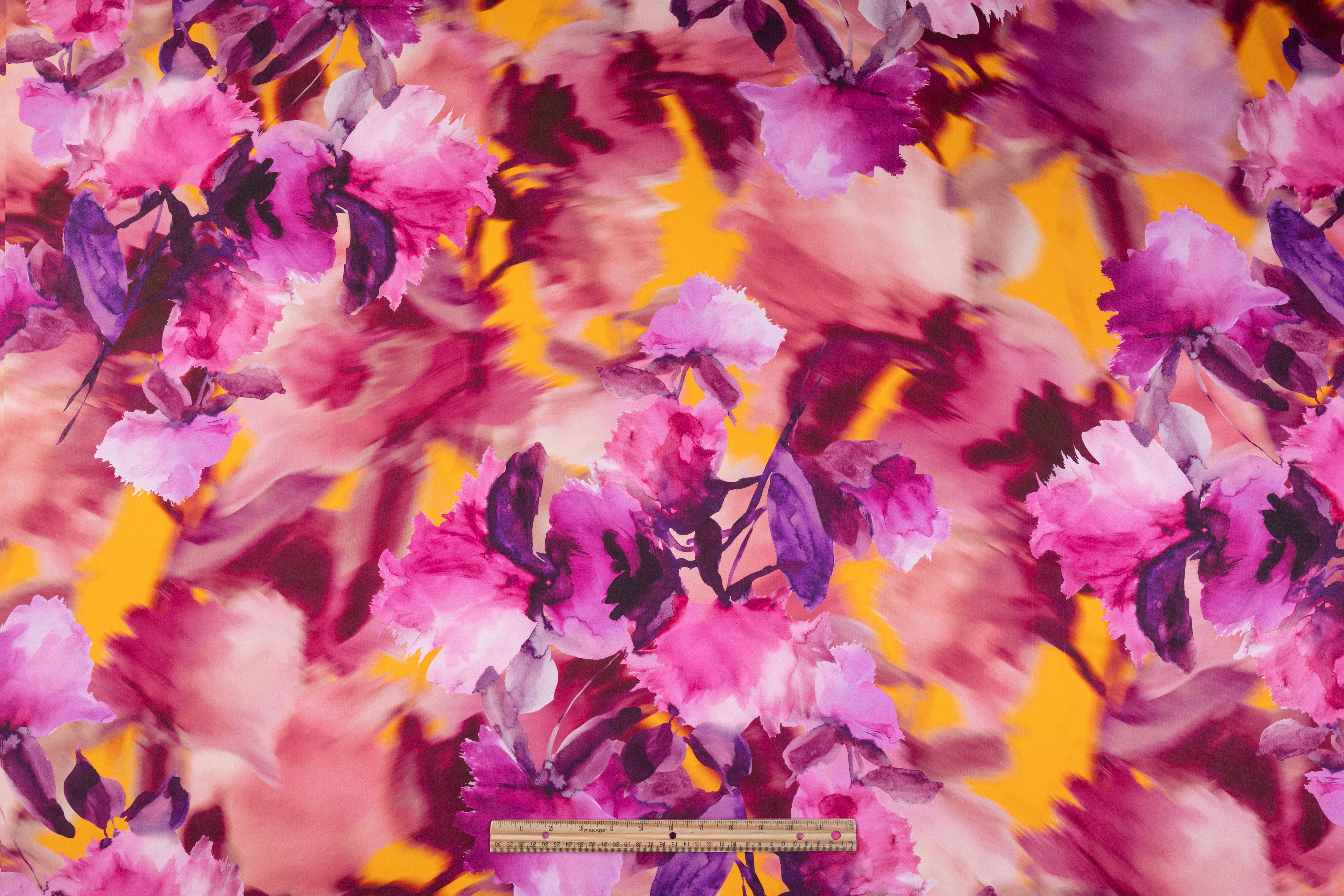 Floral Italian Satin Face Silk Georgette - Fuchsia / Orange