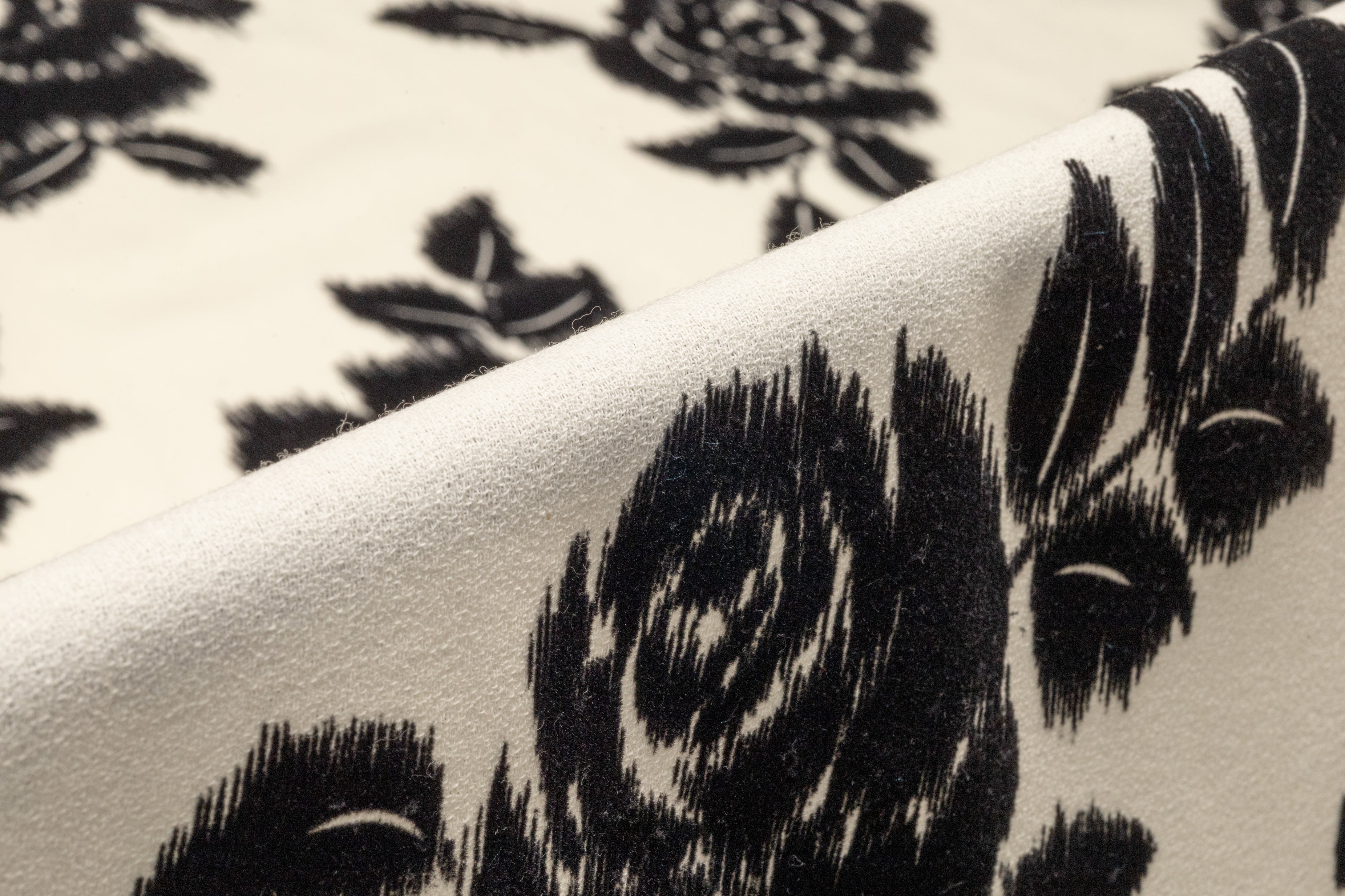 Floral Flocked Italian Crepe - Ivory / Black