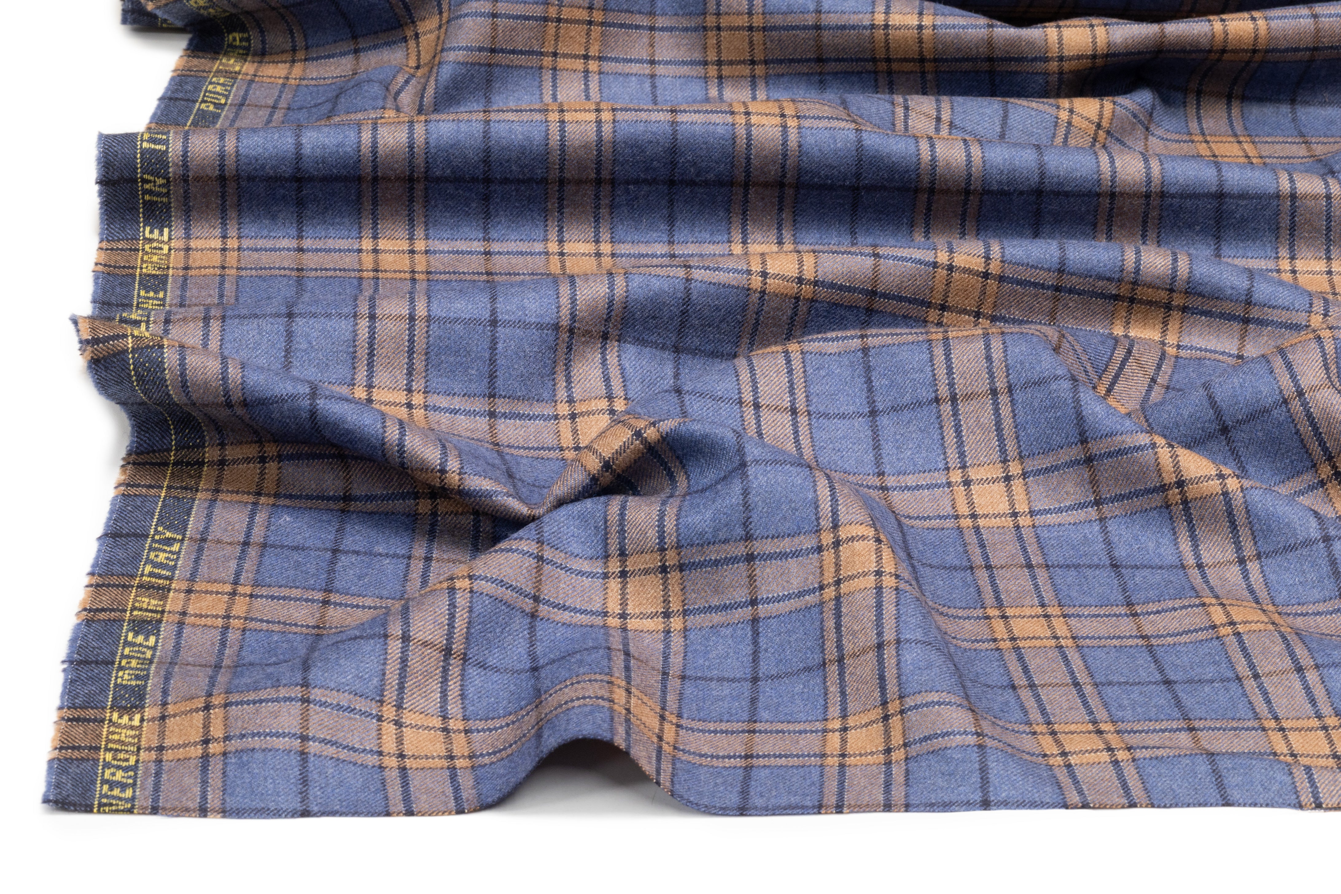 Plaid Italian Wool Flannel Suiting - Blue / Camel