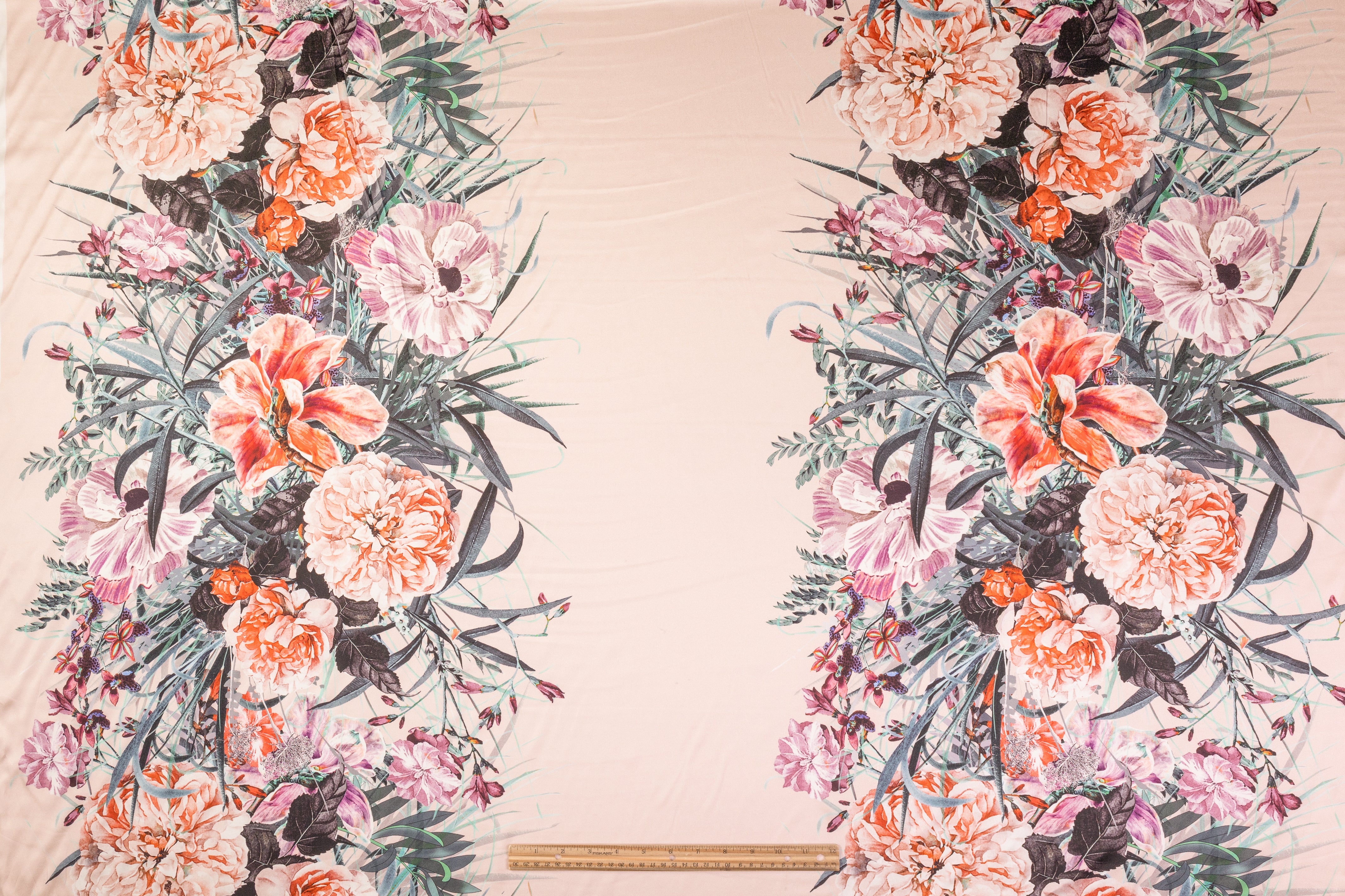 Floral Border Print Italian Silk Charmeuse - Blush / Multicolor