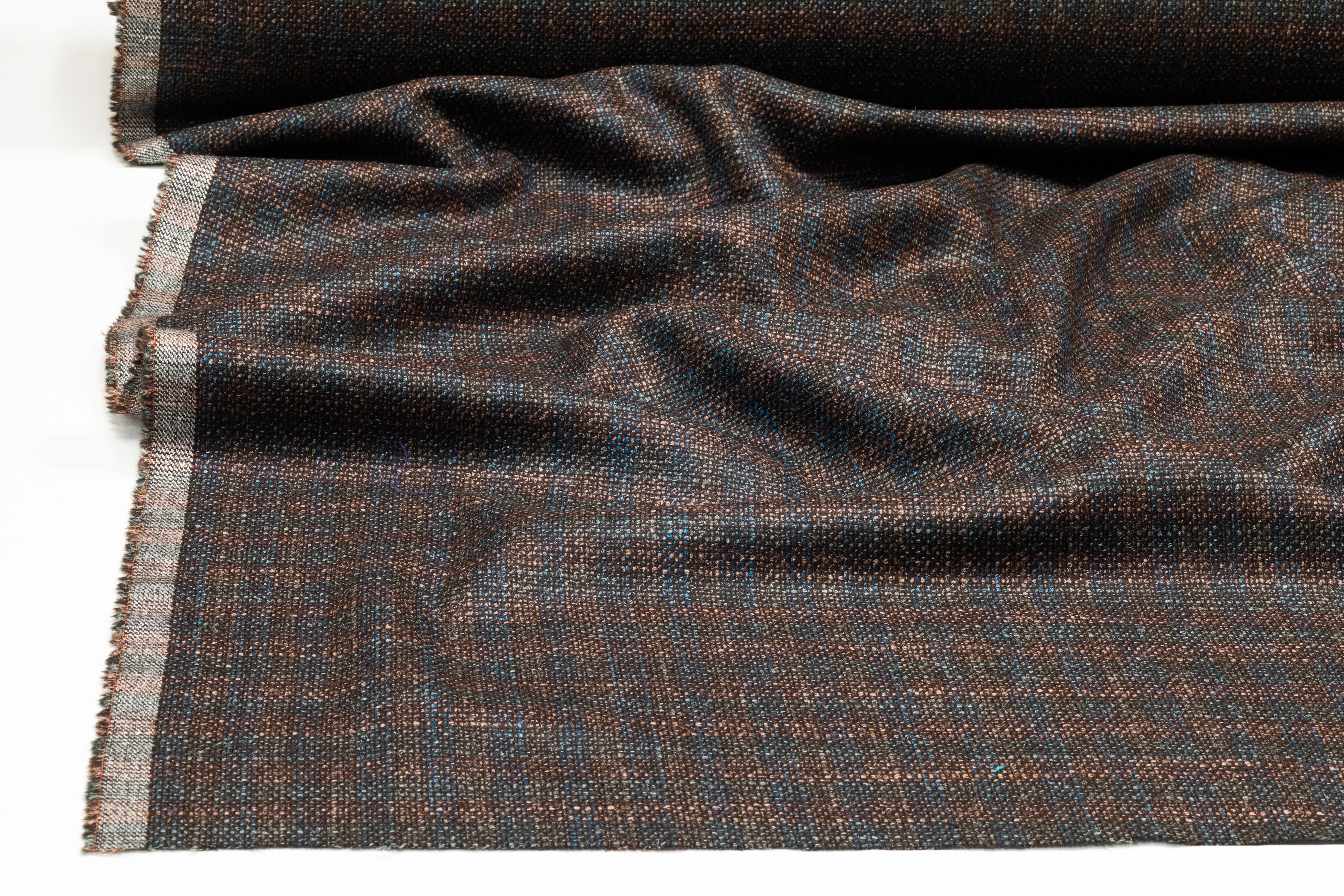 Checked Italian Wool Tweed Suiting - Blue / Green/ Dusty Peach