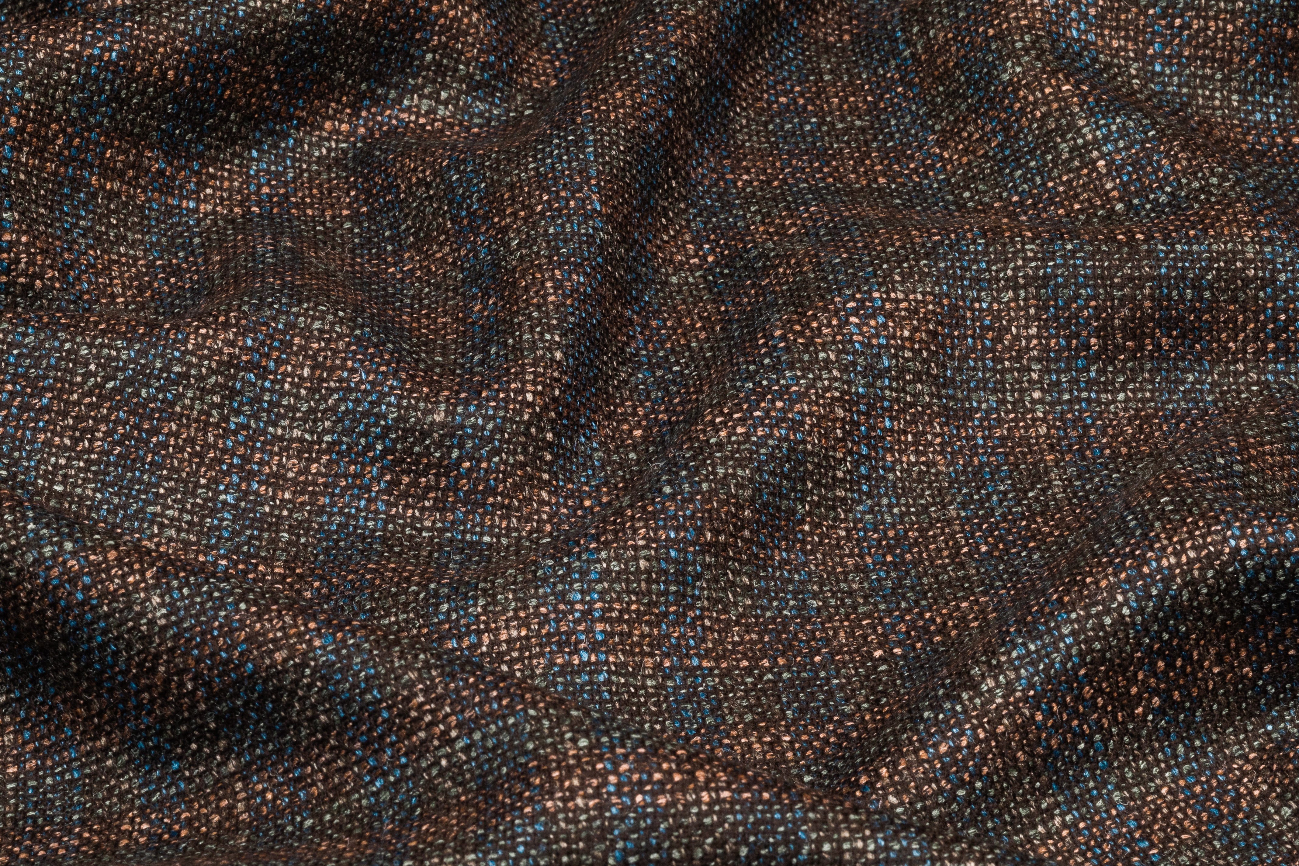 Checked Italian Wool Tweed Suiting - Blue / Green/ Dusty Peach