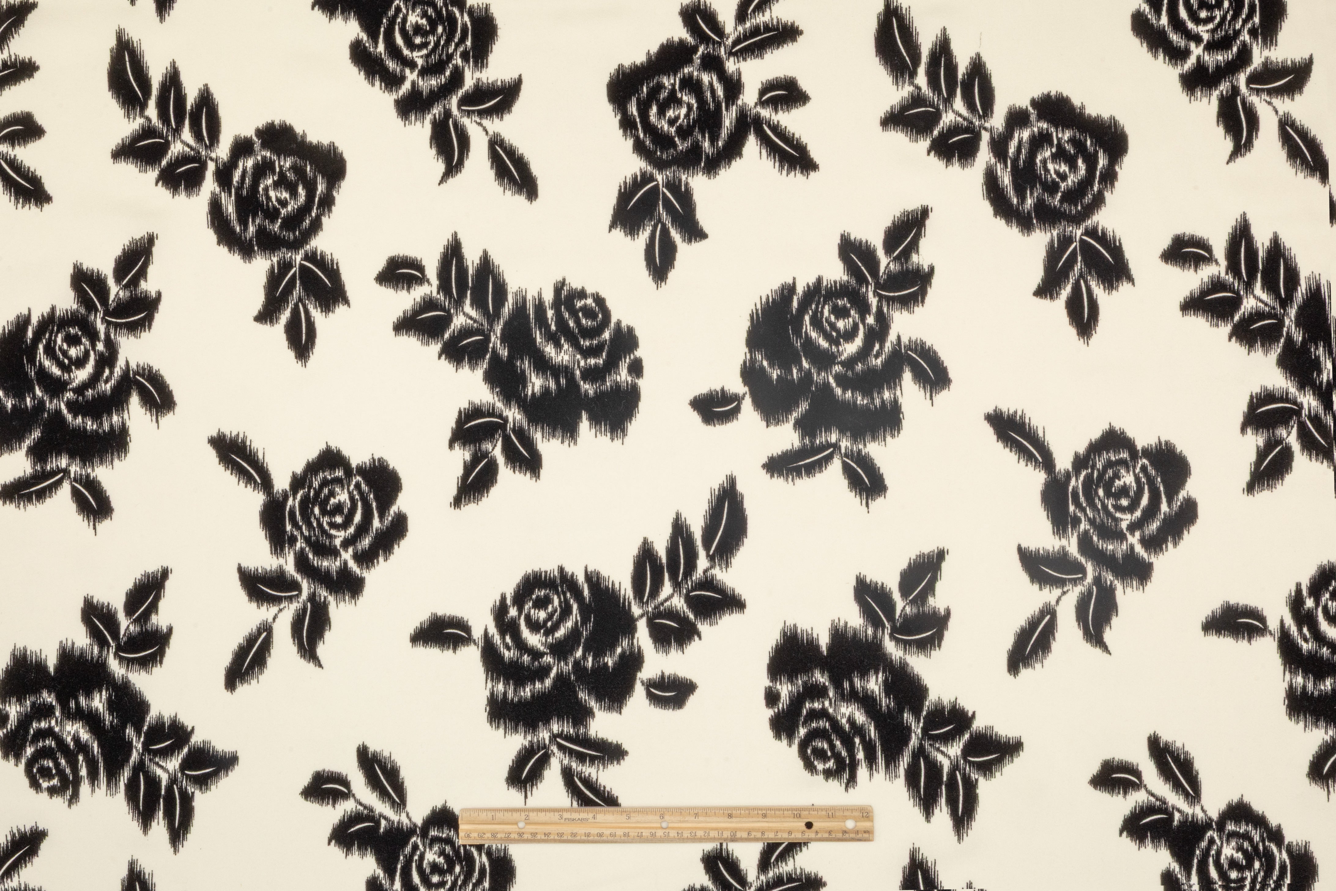 Floral Flocked Italian Crepe - Ivory / Black