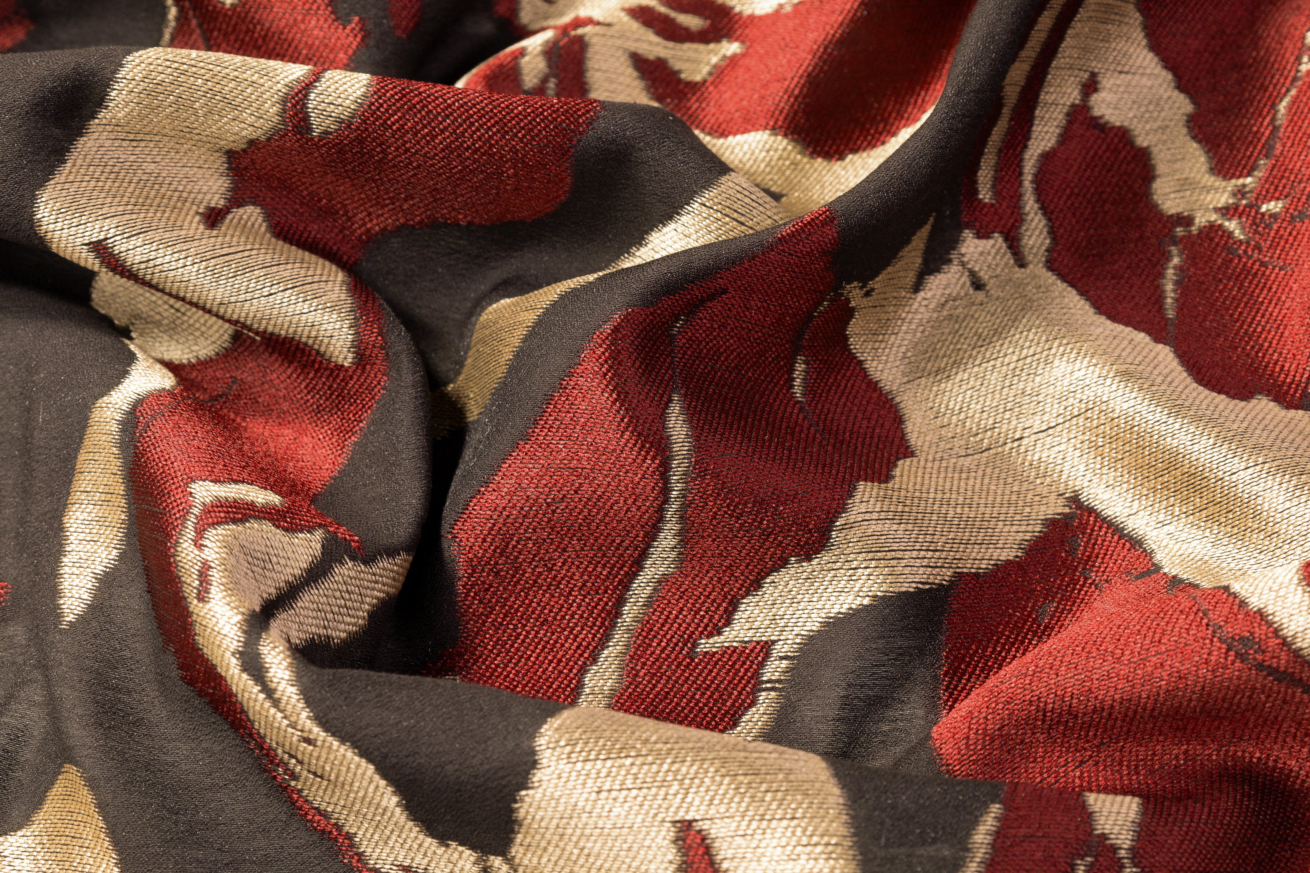 Abstract Poly Cotton Fil Coupé - Maroon / Gold / Black