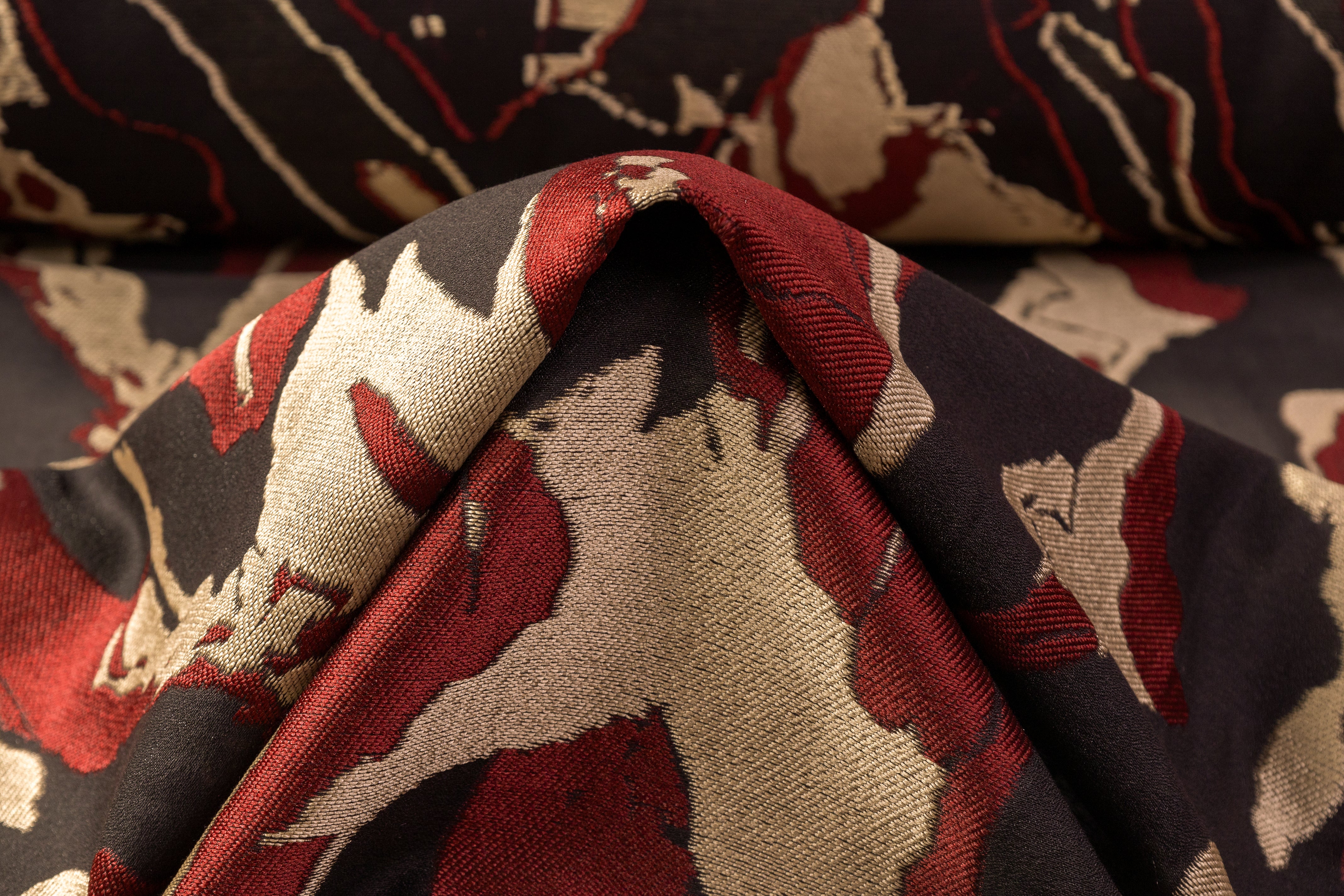 Abstract Poly Cotton Fil Coupé - Maroon / Gold / Black