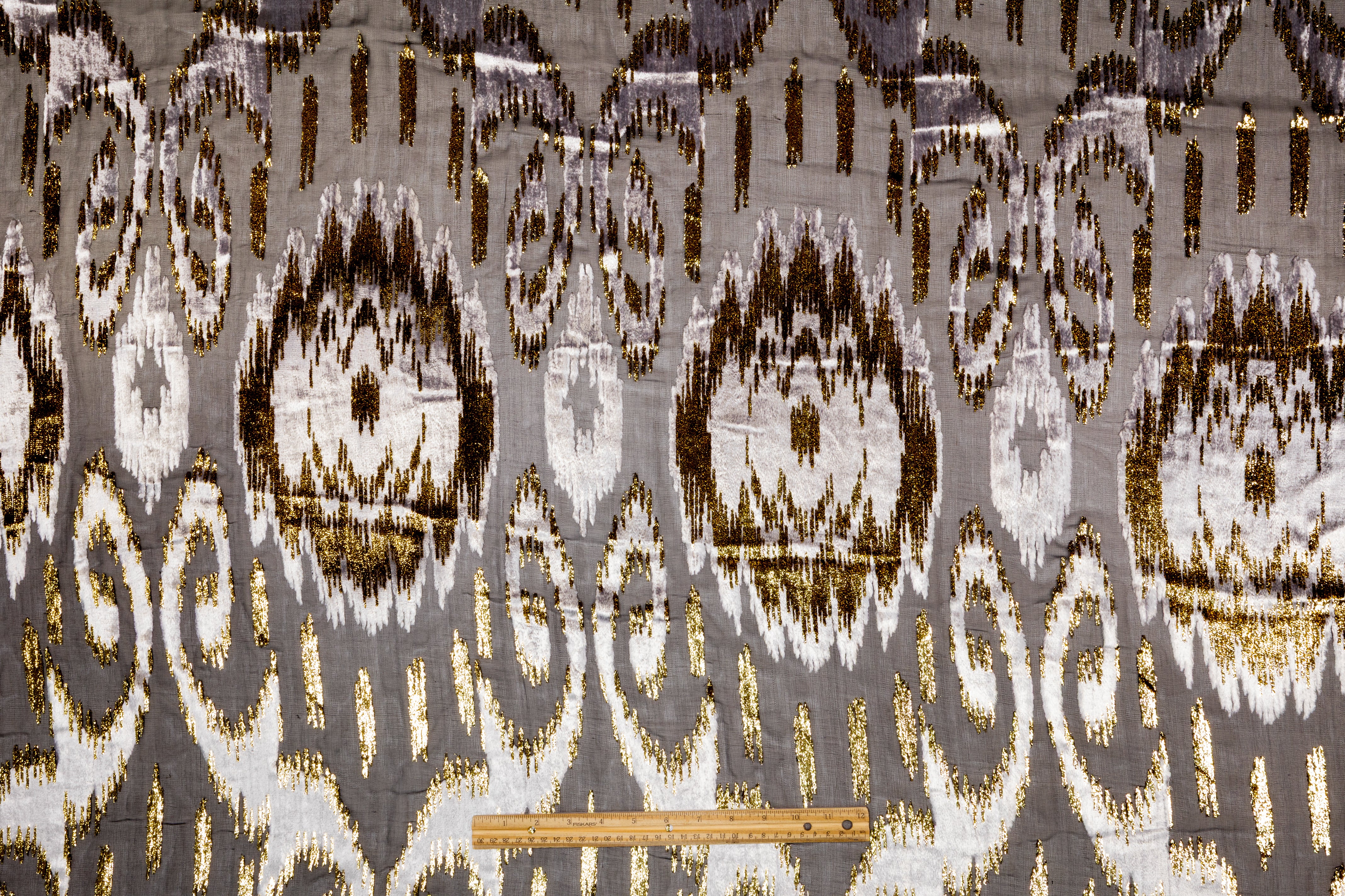 Ikat Italian Metallic Silk Viscose Velvet Fil Coupé - Black / Silver / Gold