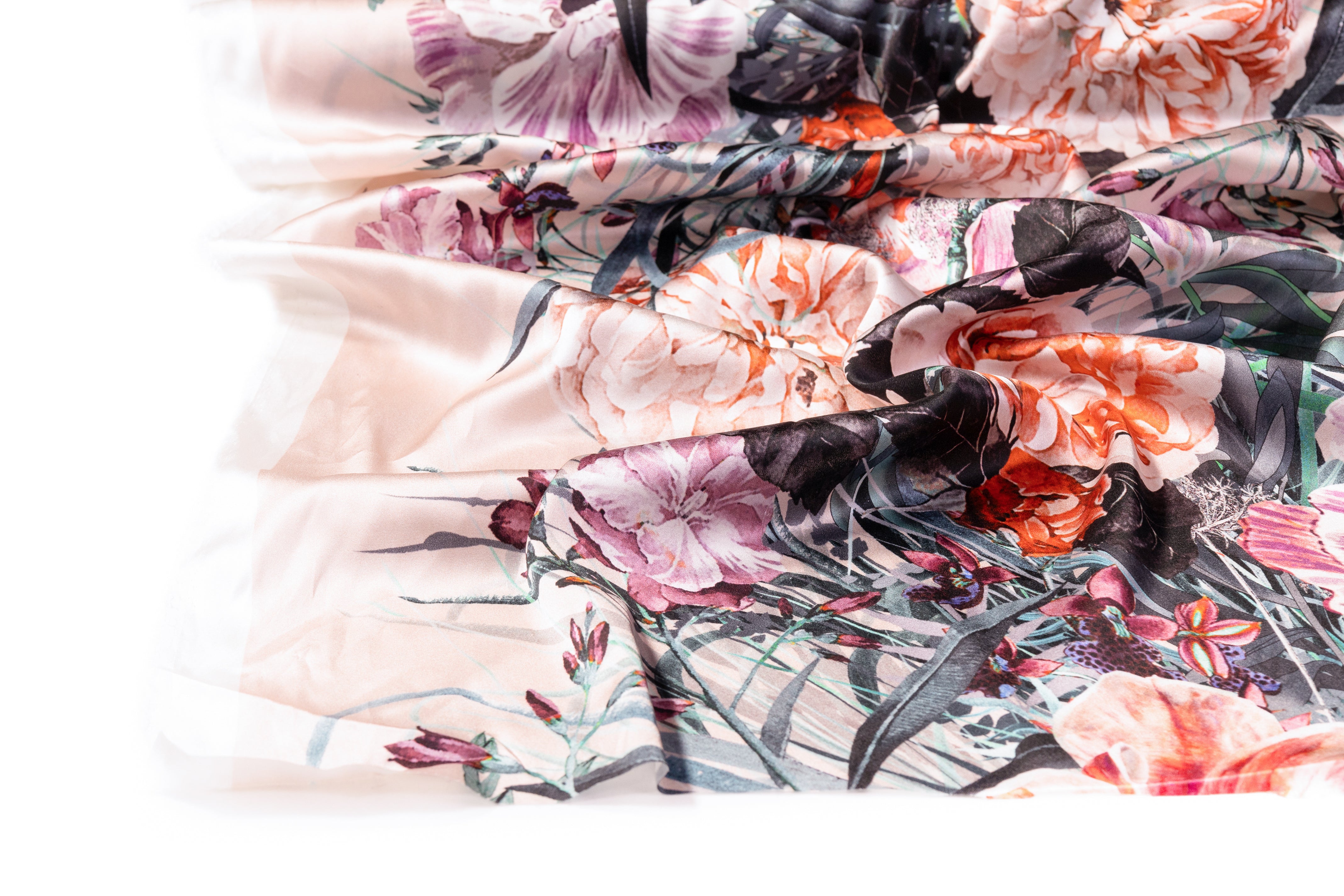 Floral Border Print Italian Silk Charmeuse - Blush / Multicolor