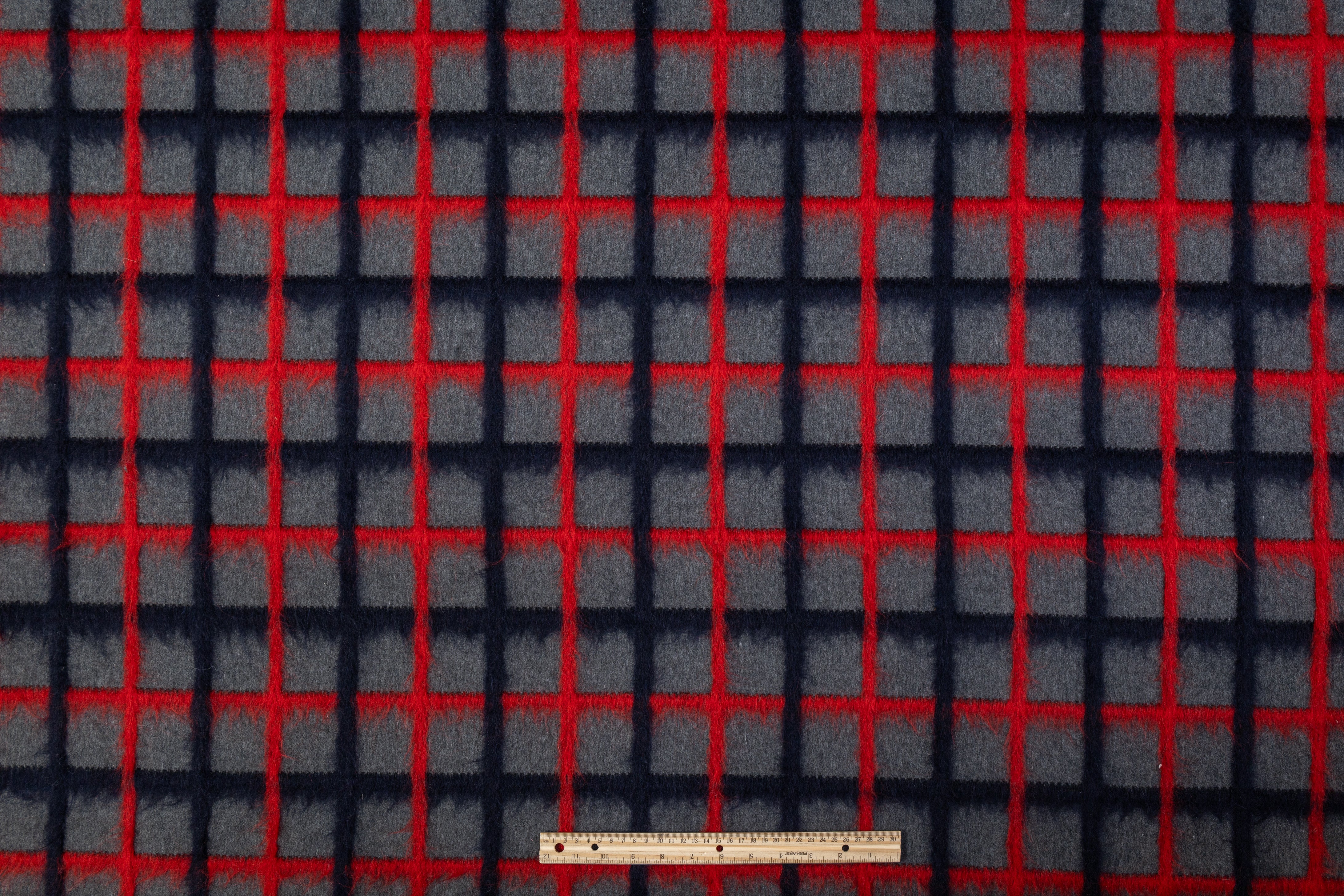 Windowpane Longhair Wool Blend Coating - Gray / Red / Navy