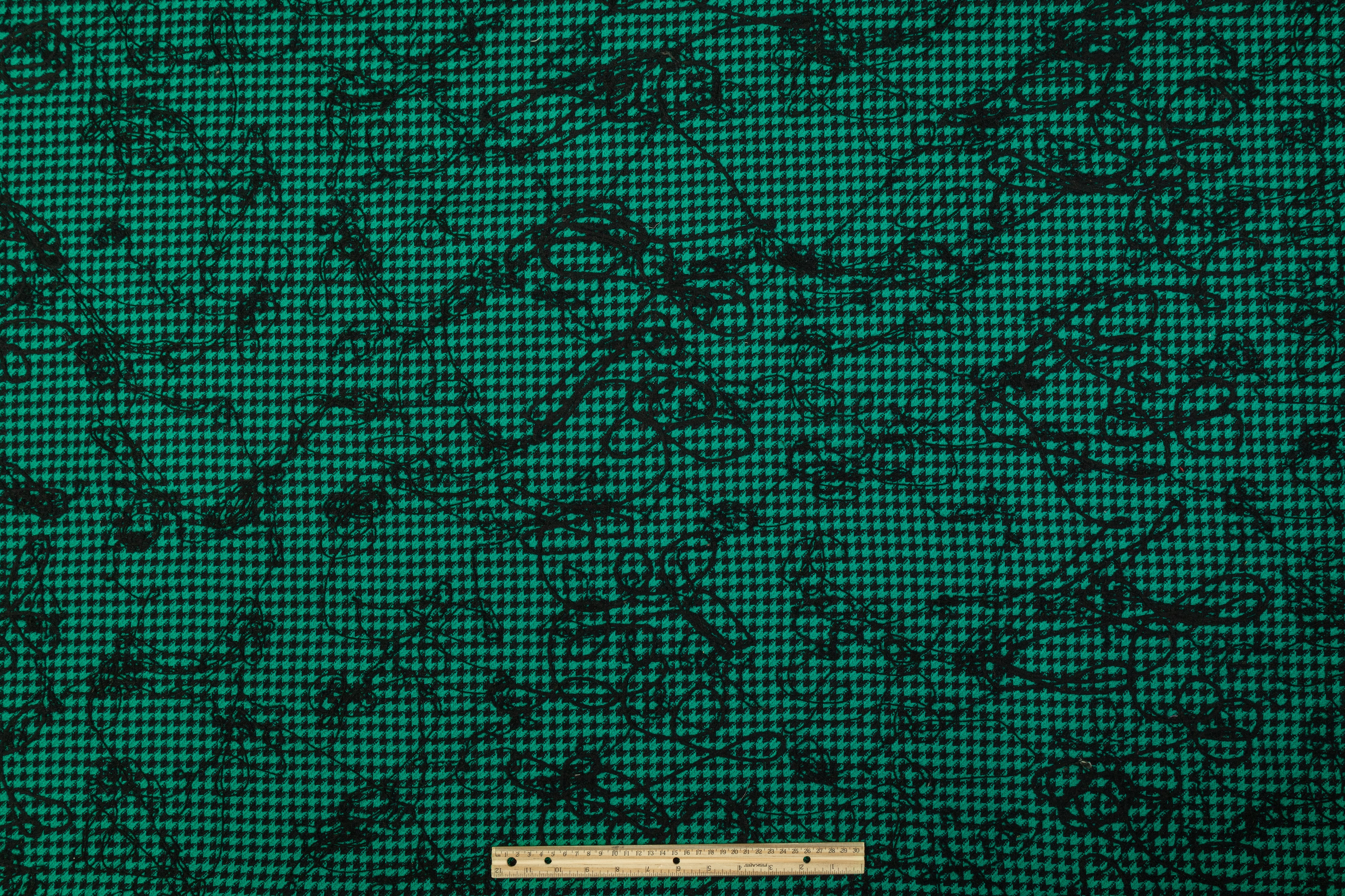 Embroidered Houndstooth Wool Coating - Green / Black