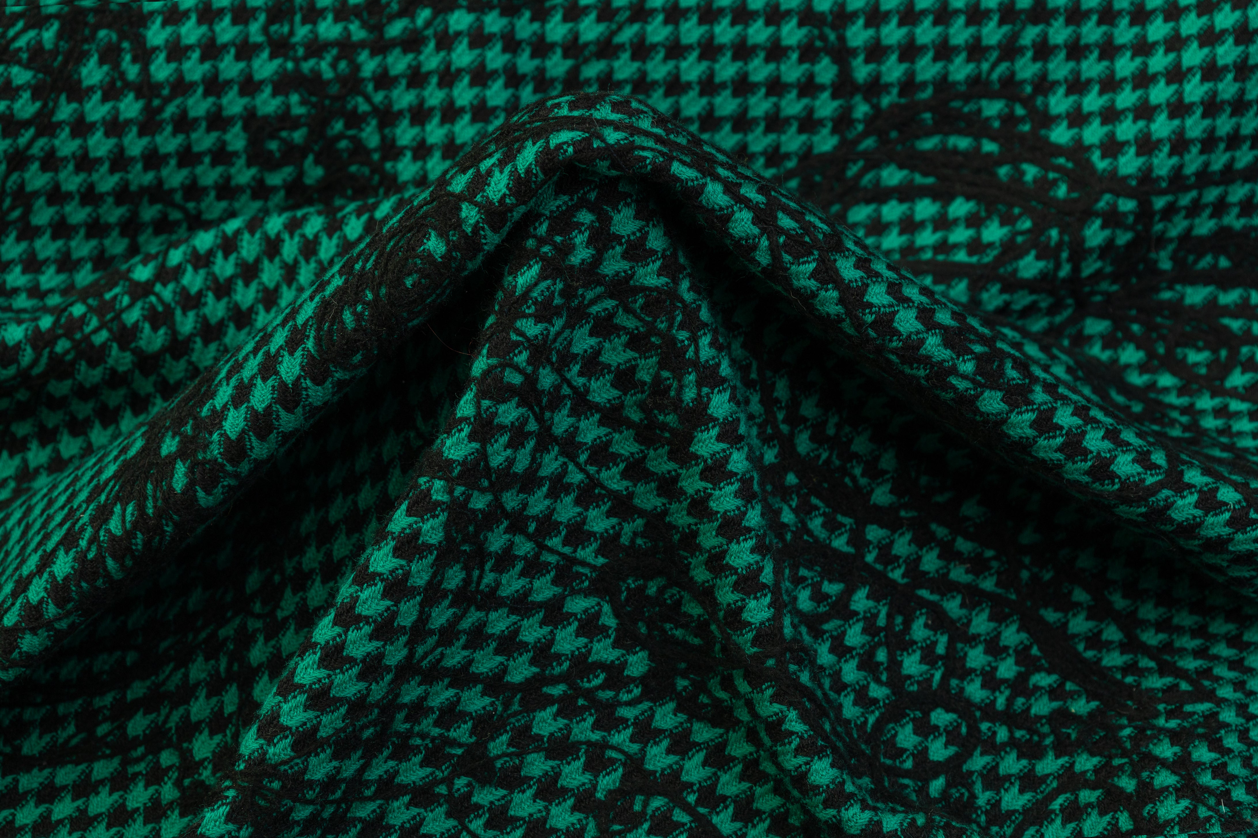 Embroidered Houndstooth Wool Coating - Green / Black
